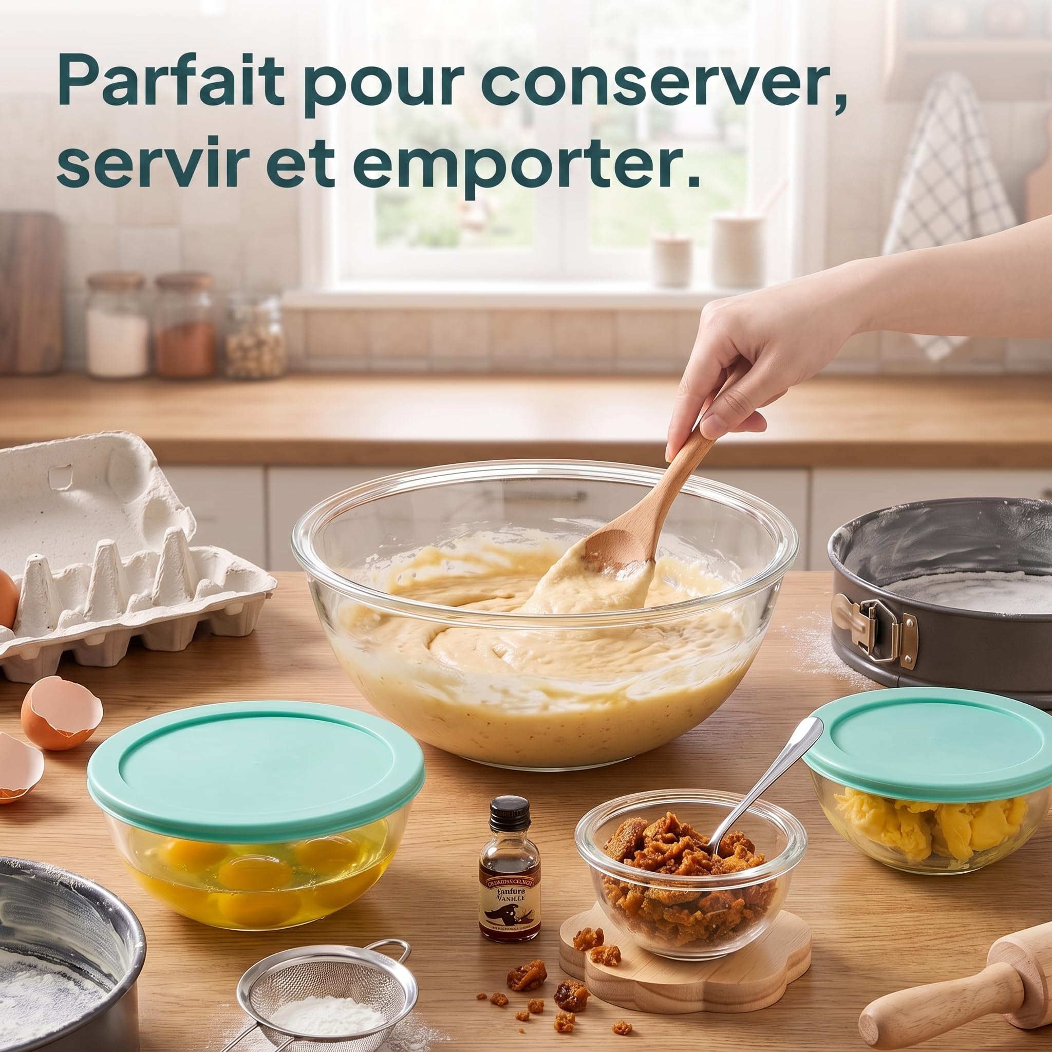 uandu Lot de 5 Saladiers en Verre avec Couvercle – Bol en Verre Borosilicaté Sans BPA, Empilables, Compatibles Four, Micro-ondes et Lave-vaisselle, 189-3312ml, Grand Saladier pour Cuisine