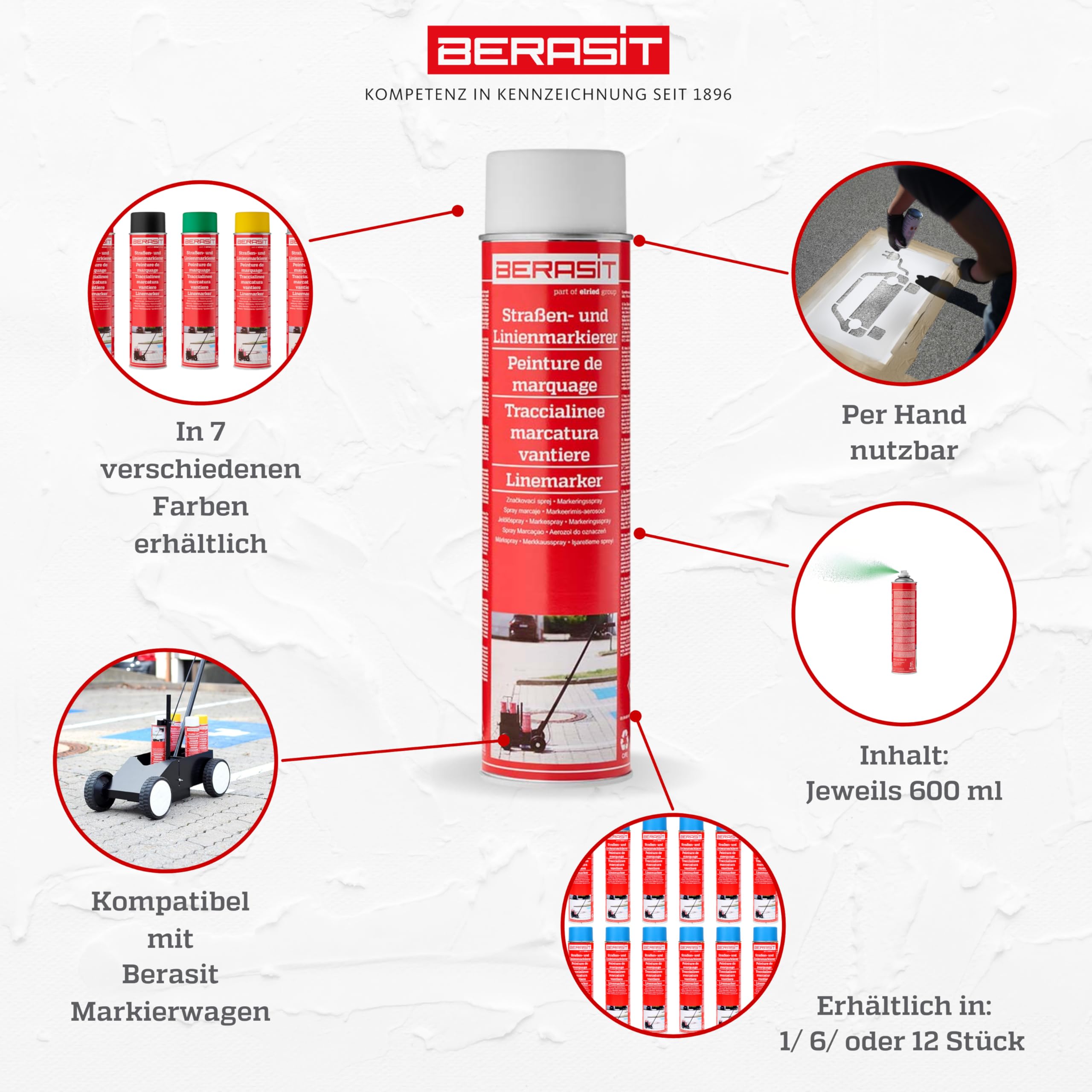 Markierungsspray Bodenmarkierung, professioneller Straßen- und Linienmarkierer, wetterbeständig, schnell trocknend, 600 ml, Versandeinheit=12 Dosen (weiß)