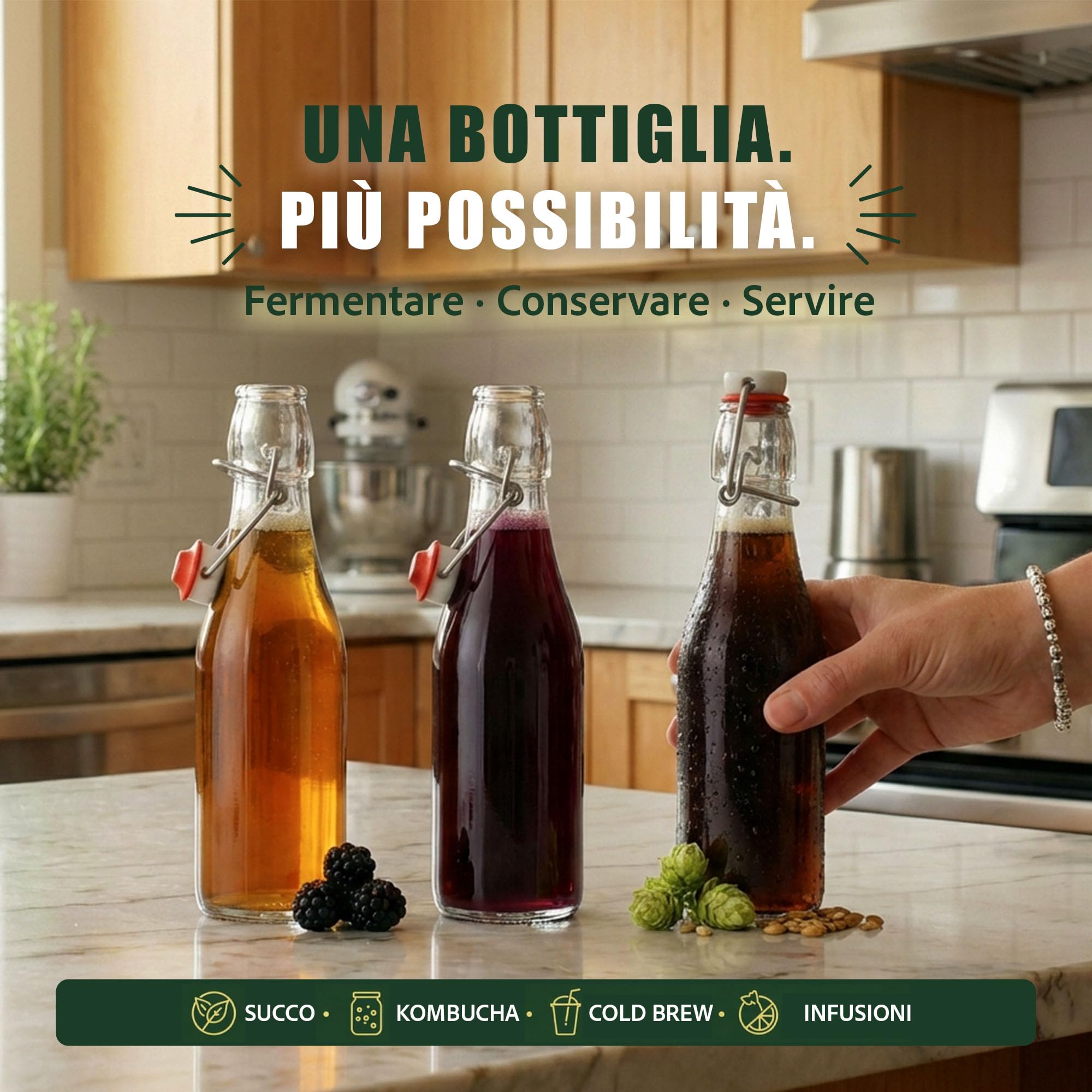 24 bottigliette di vetro 100ml – Bottiglie piccole 100 ml per liquore con tappo a leva ermetico – Regali, conserve, fermentazione e aceto