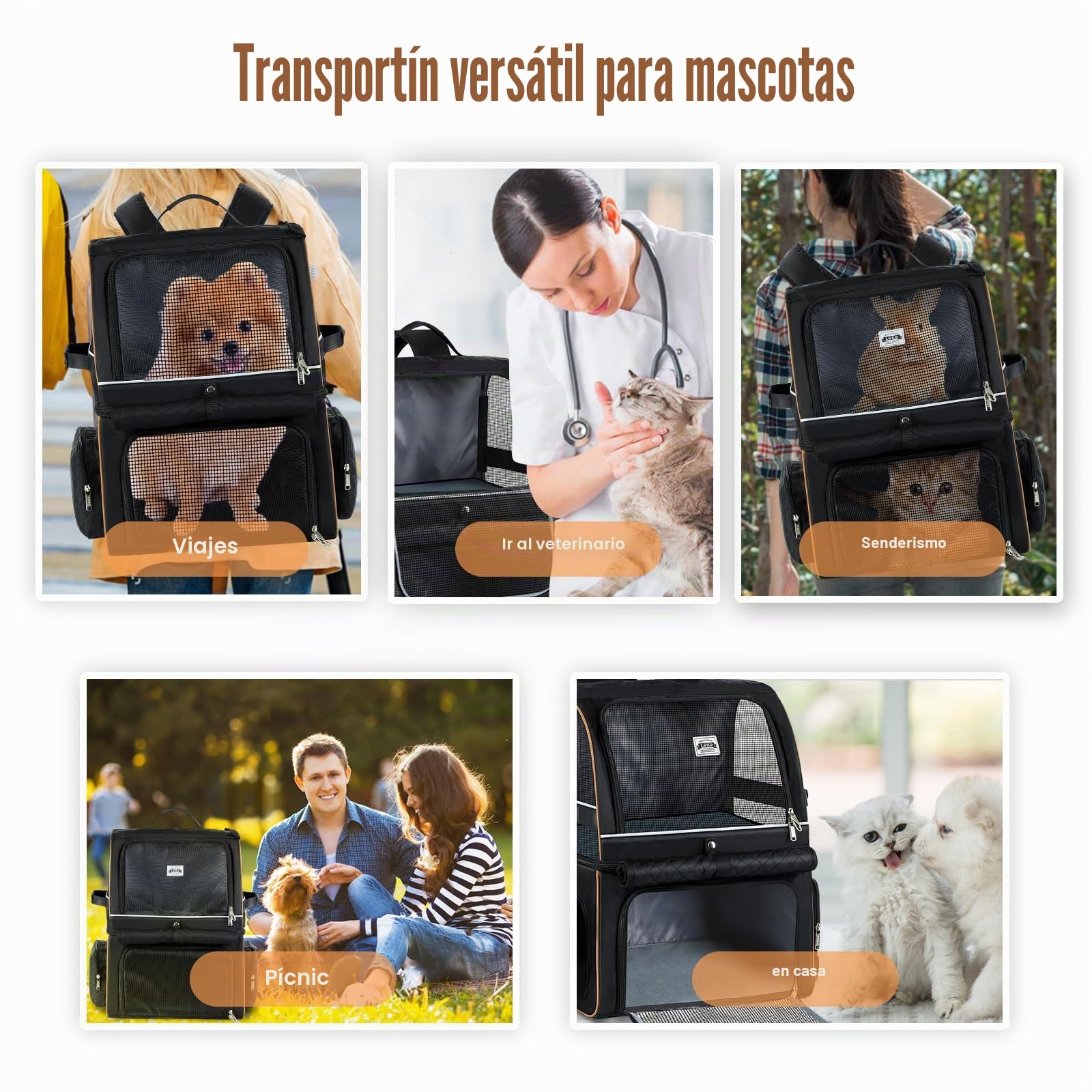 Mochila Gatos de Doble Capa para 2 Gatos | Mochila Grande para Perros,Mochila Transportin Gato para Mascotas Plegable - para Perros y Gatos de hasta 11 kg - Negro