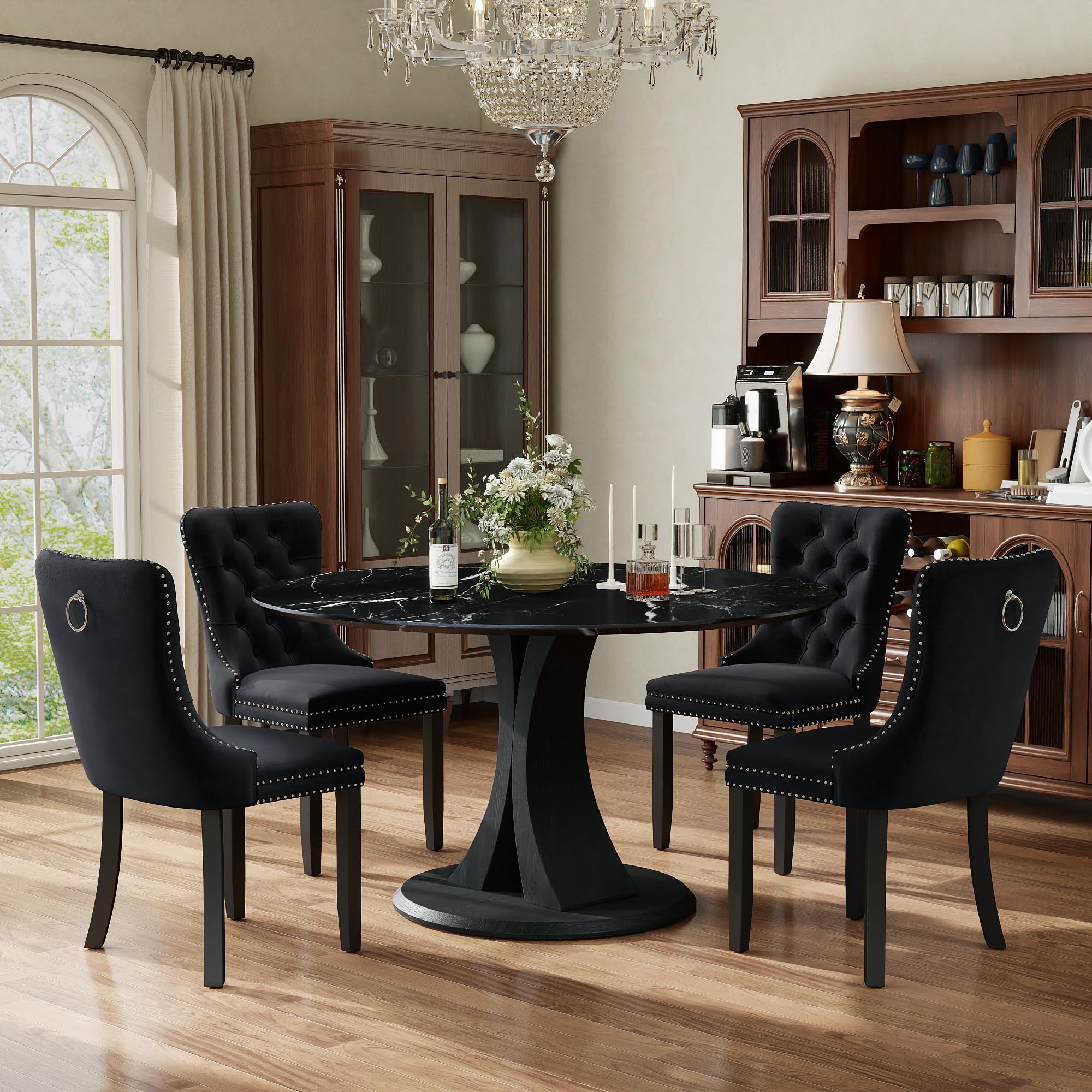 5-Piece Dining Table Set for 4 with 47 In Black Faux Marble Round Table