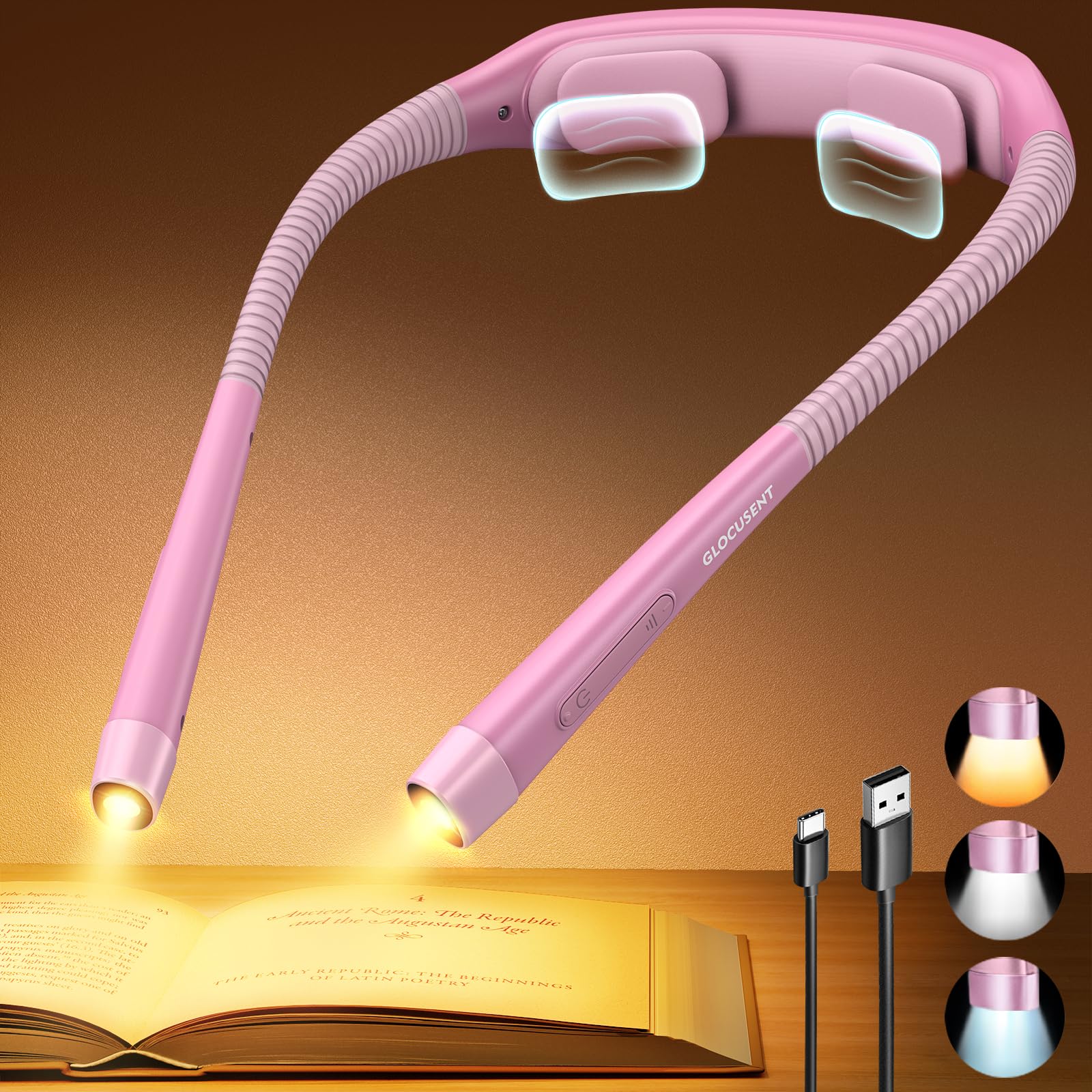 Glocusent Ergonomic Book Light Neck Light, Reading Light with 3 Colors & 5 Stepless Brightness
