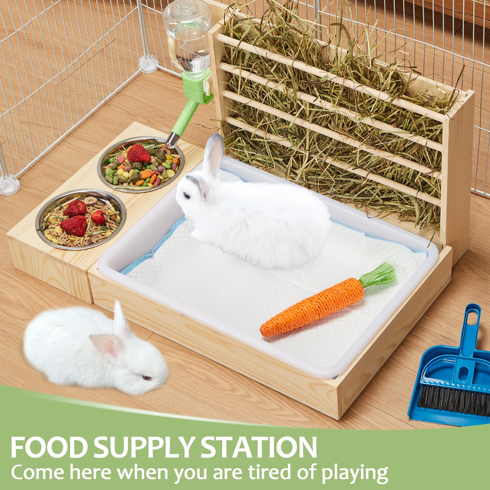 4 in 1 Rabbit Hay Feeder with Litter Box, Small Animals Hay Rack with Water Bottle, and 2 Bowls, Wooden Bunny Hay Holder Feeder Toilet Combo for Rabbit, Guinea Pig, Hamster, Hedgehog, Chinchillas - image 6