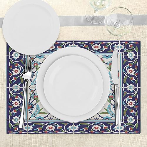 Miniatura 3 de Ambesonne Juego de 4 alfombrillas con patrón turco, azulejos de mosaico con adornos inspirados en la naturaleza, tulipanes y margaritas con rizos,