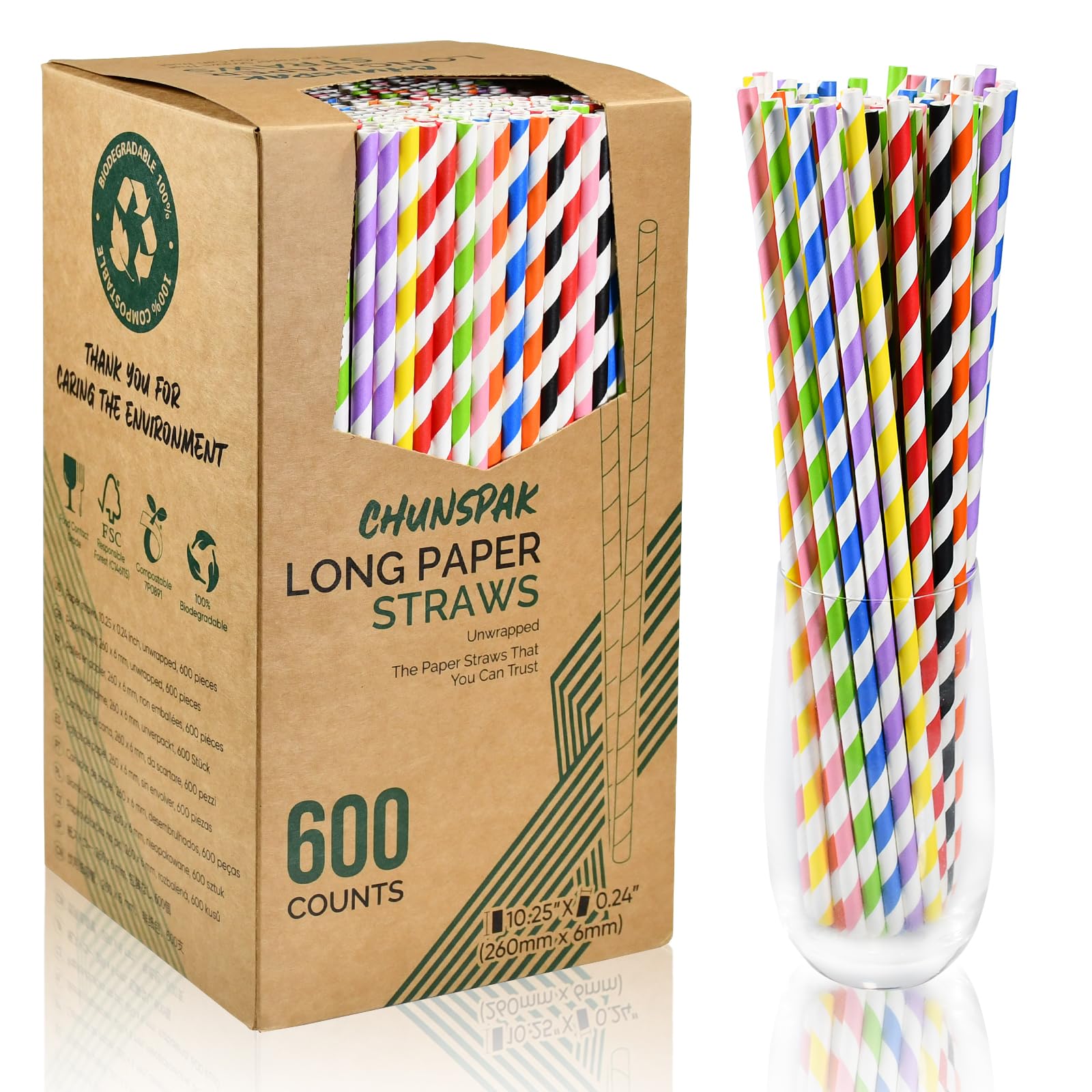 Chunspak 10 inch Long Disposable Paper Straws Bulk for Drinking - Unwrapped, 8 Assorted Colors [600 Counts]