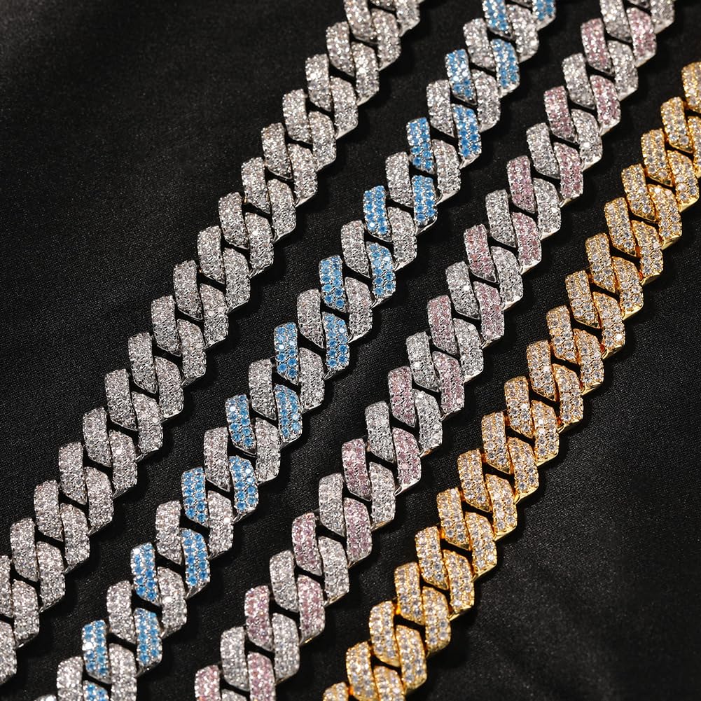 Iced Out Miami Catena a maglie cubane Placcata in oro bianco 18k Collana a maglie cubane da 13 mm Collana girocollo Collana con bracciale a catena con diamanti multicolori per uomo Donna