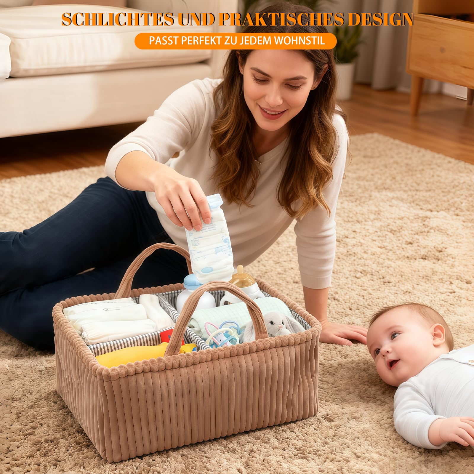 Organiseur de table à langer bébé panier velours côtelé marron foncé