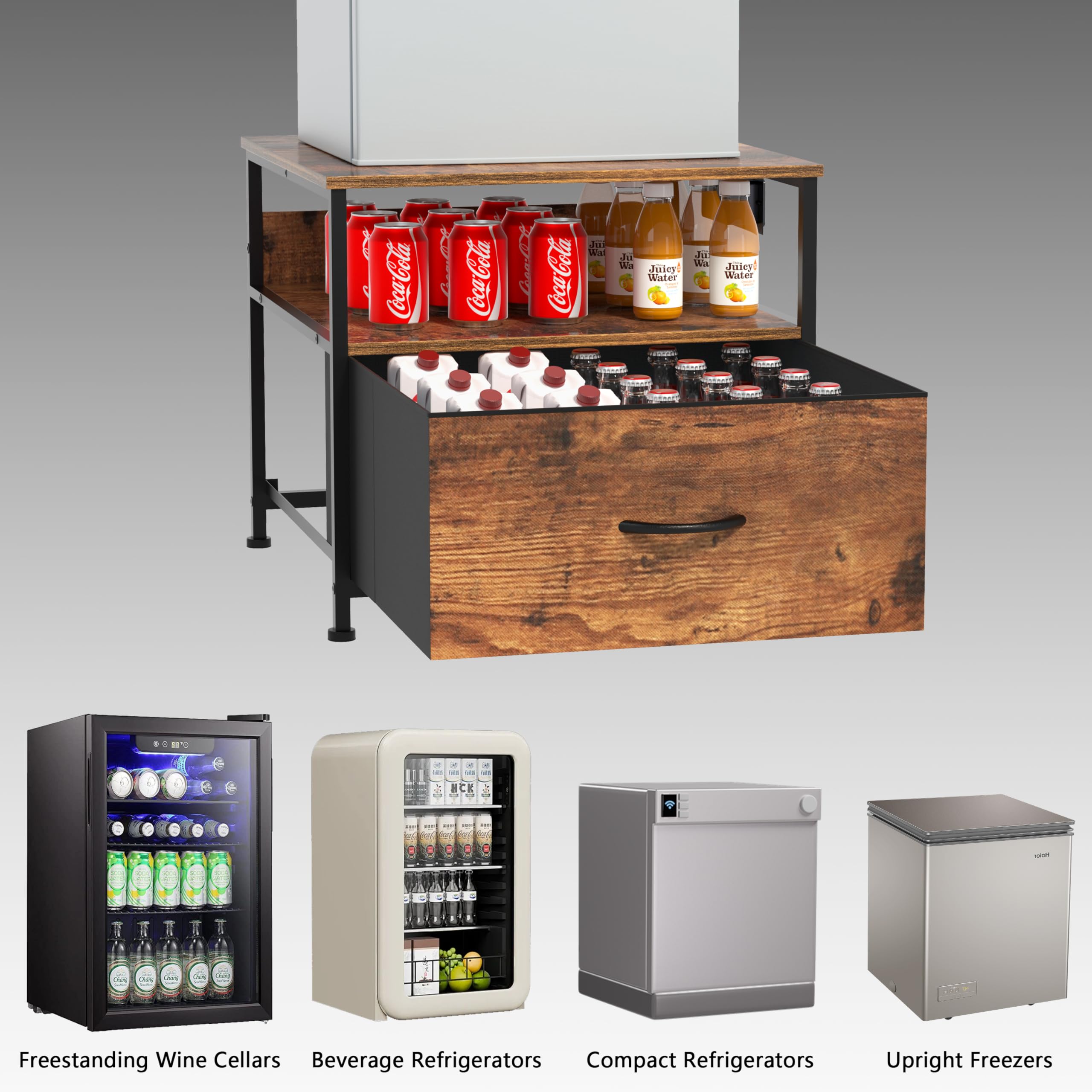 Unionly Mini mesa de refrigerador de 180 libras con estante de nevera con cajón, armario de nevera pequeño con almacenamiento, mini soporte de nevera resistente con estación de carga, 4 pies