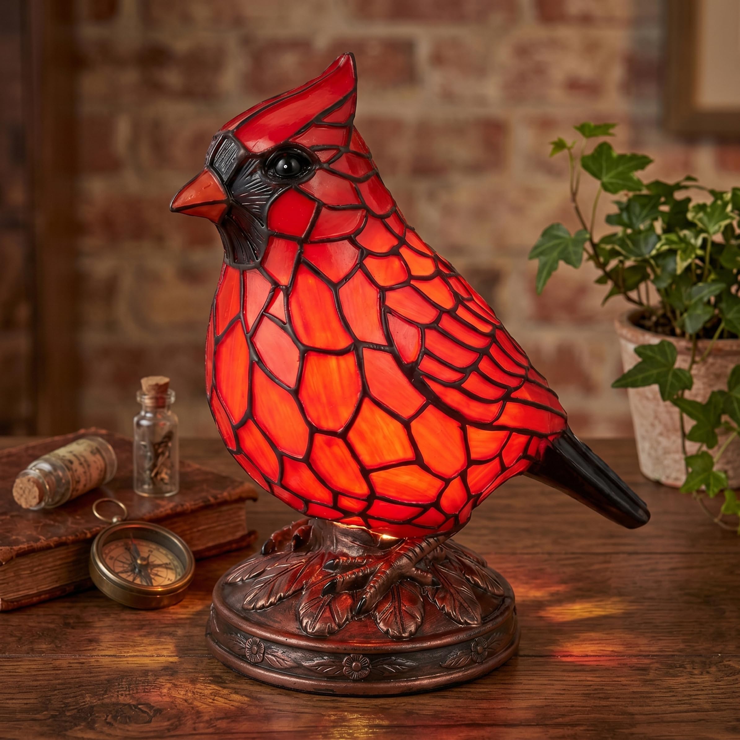 Latemeia Bird Lamp, Resin Red Vivid Cardinal Lamp Stained Glass Decorative Light for Home, Office, Bedroom, 6 Inch, Décoration de Jardin