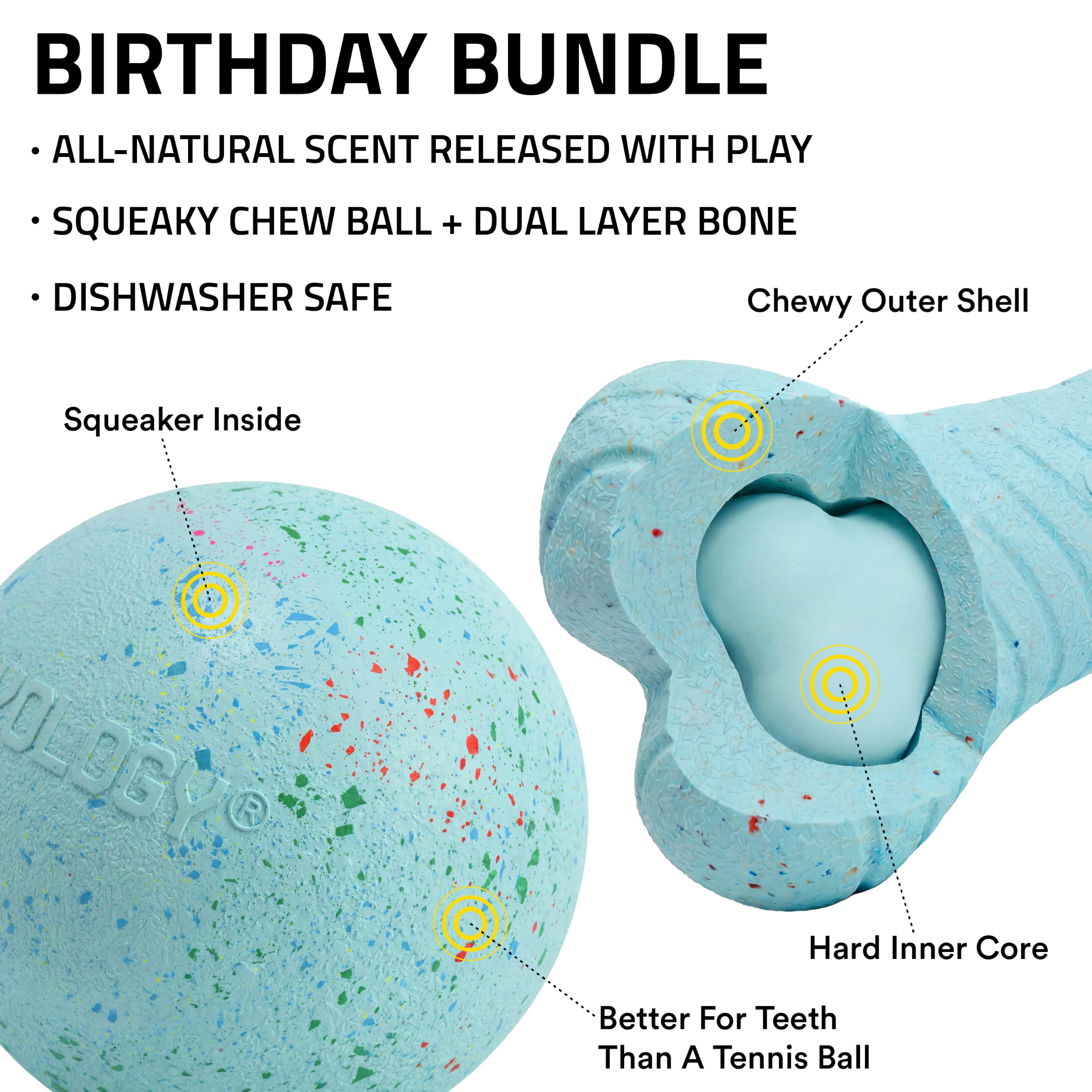 Playology Birthday Box Hundespielzeug für mittelgroße Hunde, natürliche Erdnussbutter, Geburtstagskuchenduft, Geschenkpaket, 1 quietschende Kaubälle, 1 doppellagiger Knochen und 1 Hunde-Bday-Karte