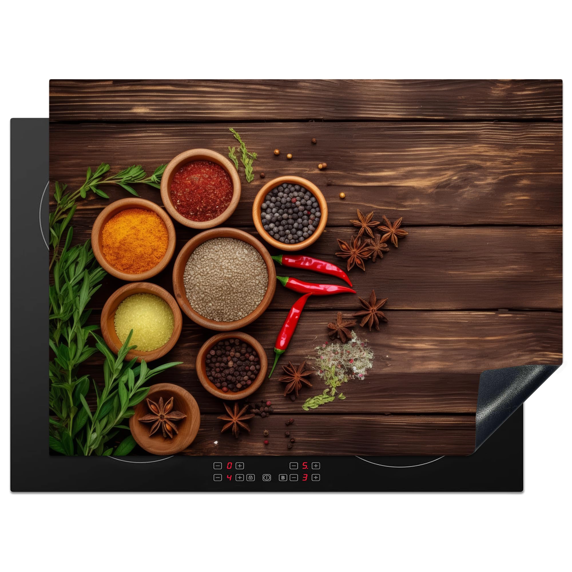 KitchenYeah© Induction Hob Protector Mat 20.5"x27.6" / 70x52 cm Cooker Top Protectors Cover Ceramic Covers Electric Hobs Vinyl Herbs - Spices - Red Pepper - Wood Print - Still Life