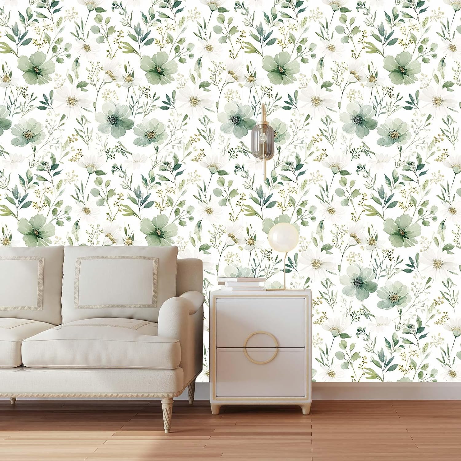 Sage Green Floral Peel and Stick Wallpaper Self Adhesive Removable Modern for Bedroom Accent Wall Renter Friendly Thick Watercolor Natural Flower Wallpaper 17.7" x 393.7"