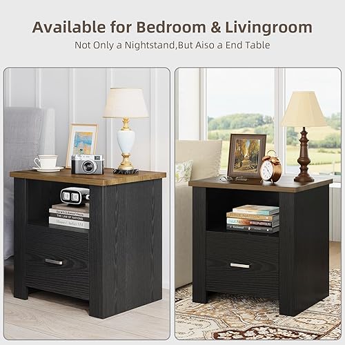 Miniatura 6 de 4ever2buy Mesita de noche de granja con cajón de almacenamiento, mesita de noche negra con mango de metal y estante de madera abierto, mesa auxiliar