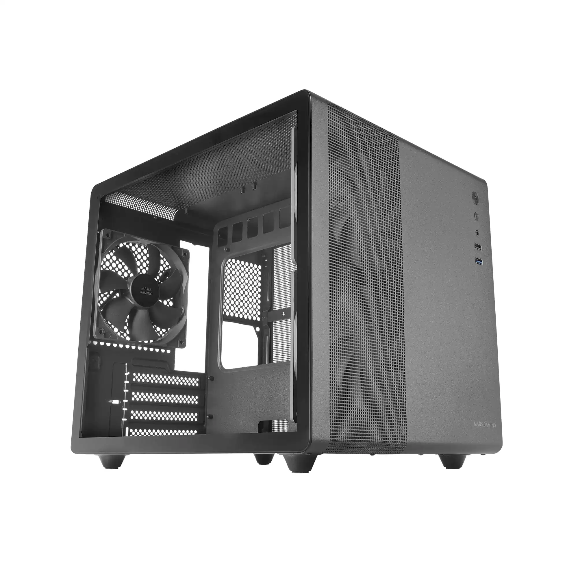 Mars Gaming MC-MPRO Schwarz, Professionelles Kompaktes Micro-ATX-Gehäuse, Volles Seitenfenster Gehärtetem Glas, 3X 120mm Lüfter, Volles Mesh-Seitenteil