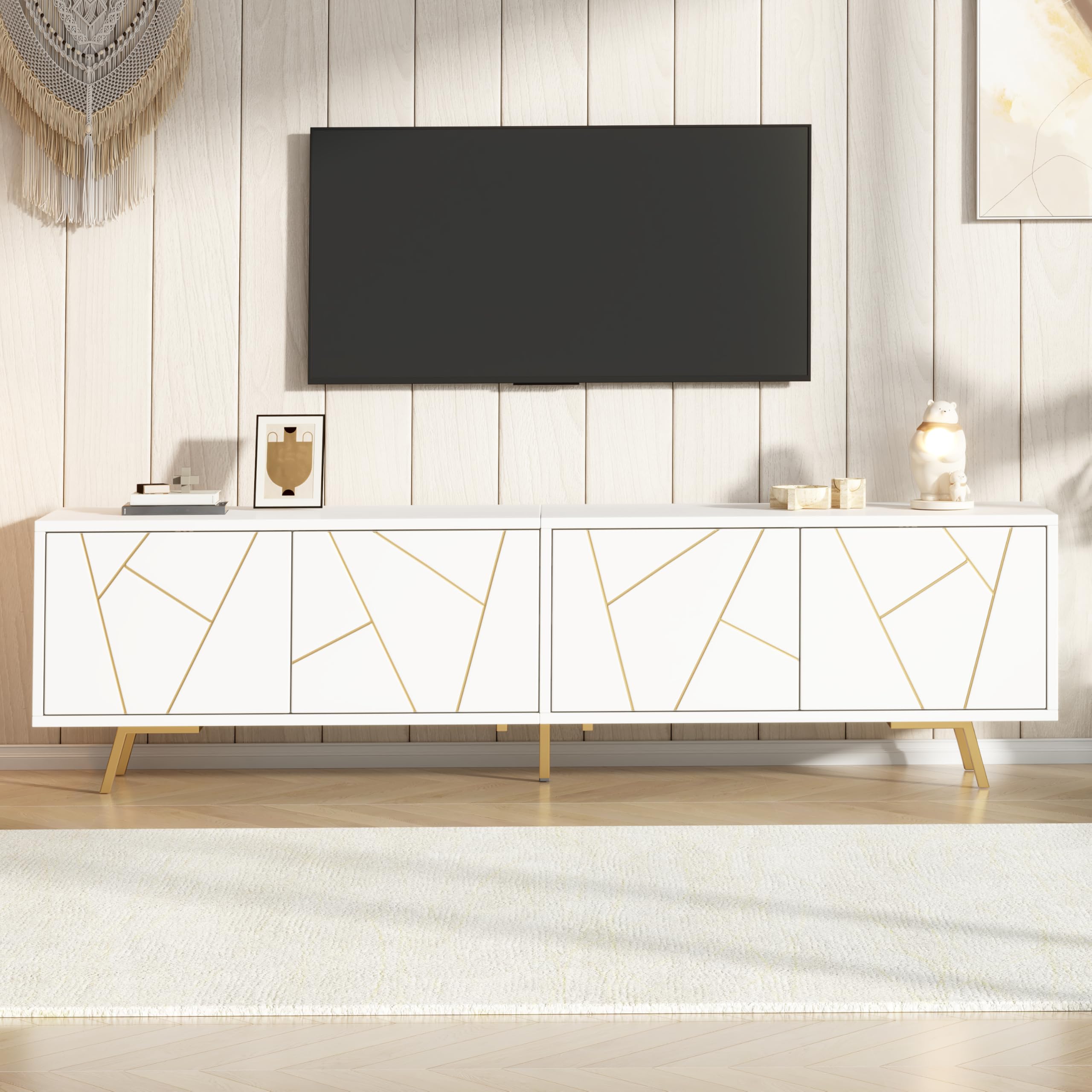 Meuble bas pour TV 85 pouces en blanc laqué et finitions dorées luxueuses