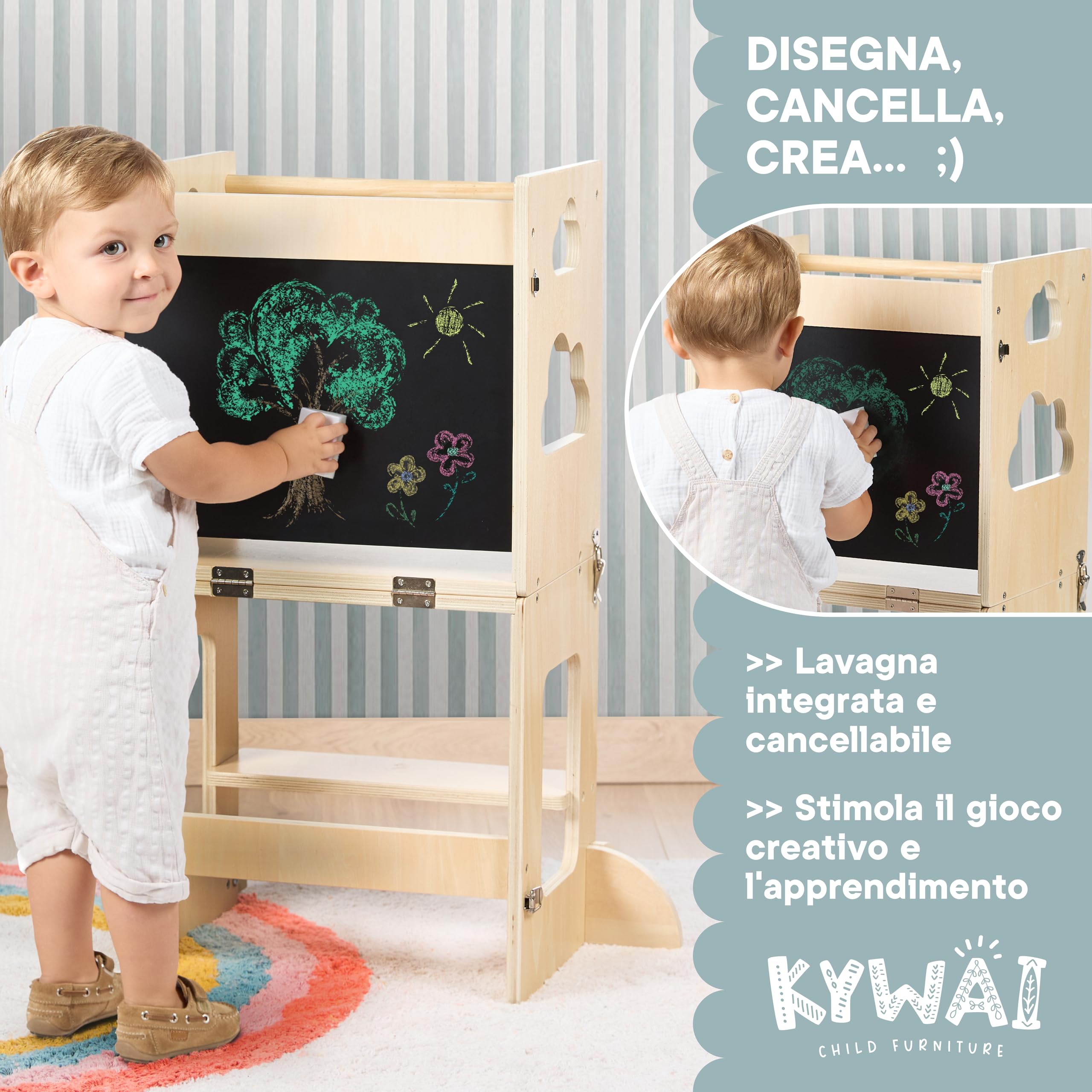 Torre montessoriana bambini – Torretta montessoriana pieghevole 3 in 1 Premium: convertibile in scrivania con lavagna, legno FSC, azienda sostenibile impegnata nella riforestazione, per bambini