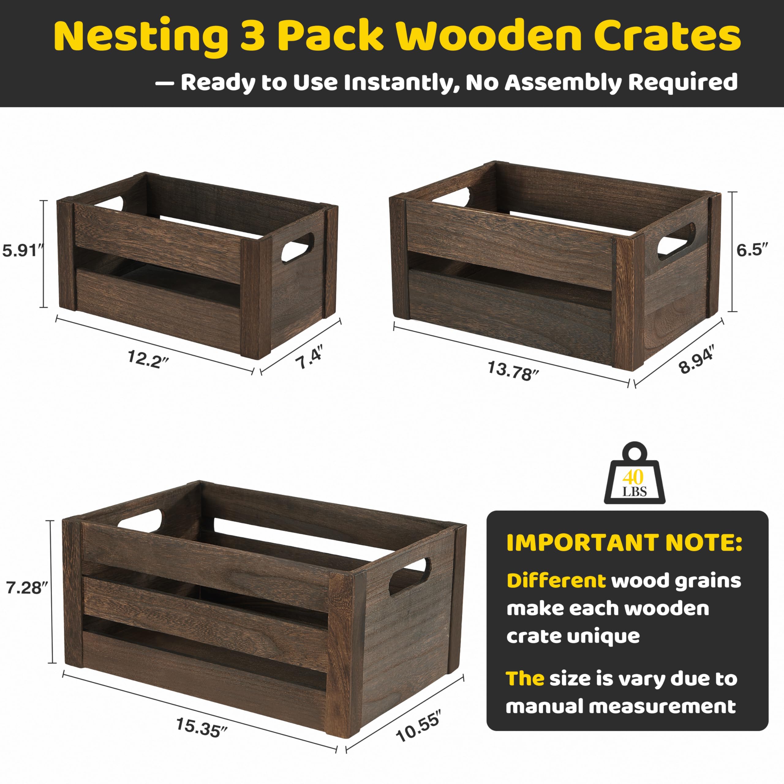 Edergoo Wooden Crates 3 Pack, Nesting Handmade Wood Crates for Storage, No Installation Wooden Storage Box with Cutout Handle for Display & Decor, Brown