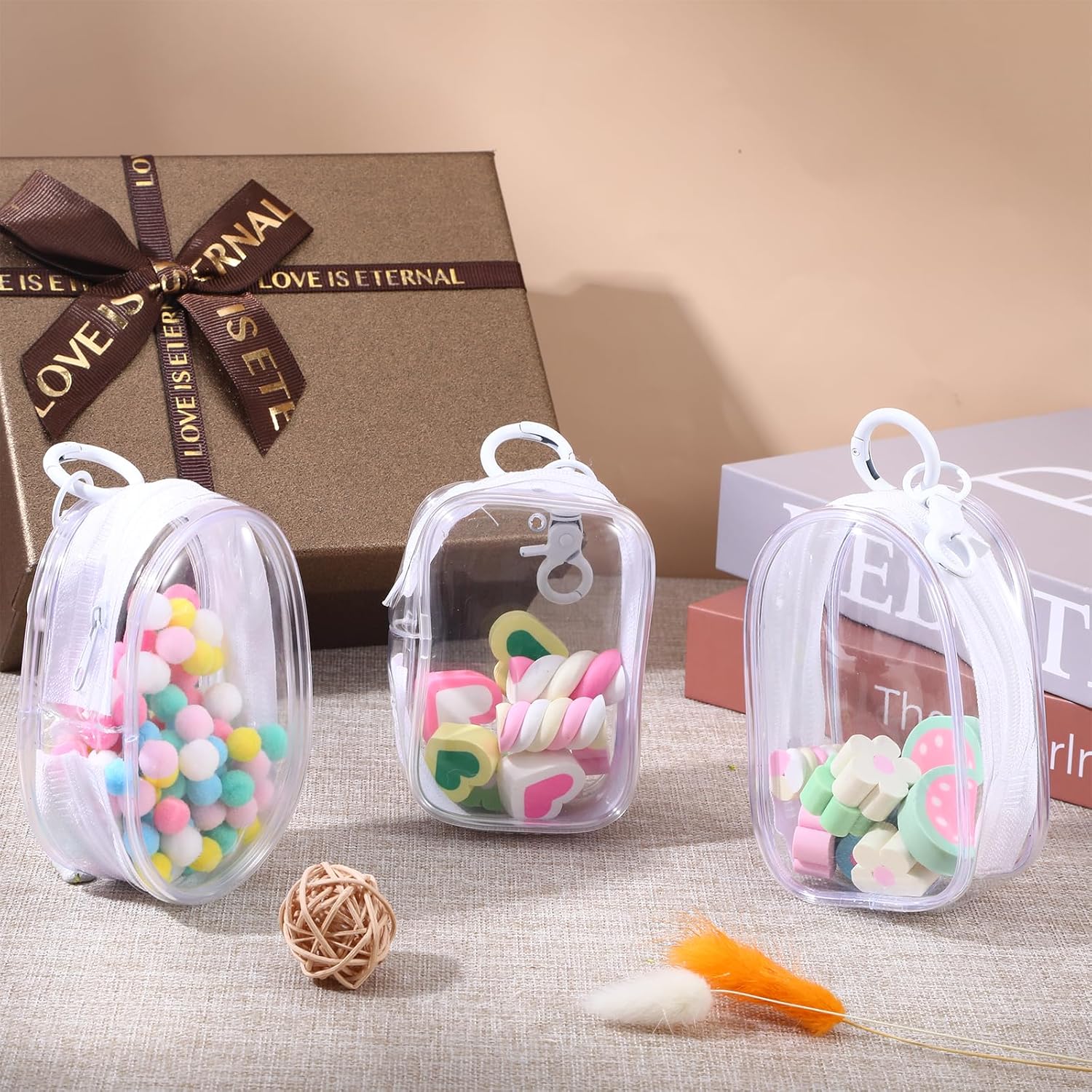 3 Pcs Clear Figure Display Bag with Keychain, Portable Small Doll Storage Hanging Zipper Closure Blind Box Display Case, White Dustproof Carrying Case for Showing Off Box Figures Dolls Collectibles