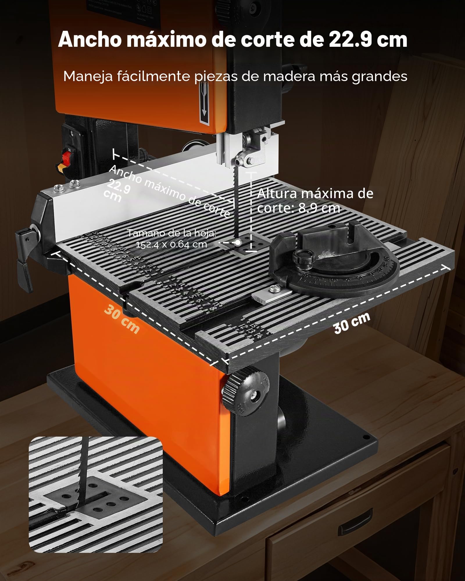 VEVOR Sierra de Cinta para Madera con Motor de 373 W, Altura de Corte de 90 mm, Ancho de Corte de 229 mm, Mesa de Aluminio Fundido de 300 x 300 mm, con Luz de Trabajo de 360°, para Carpintería