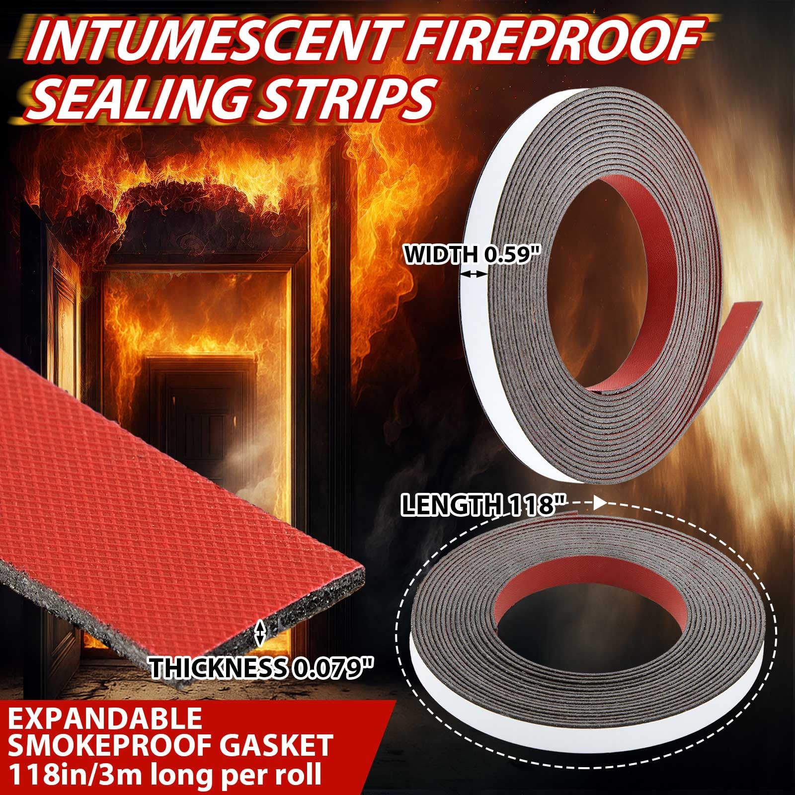 2 rollos de cinta de sellado de humo intumescente flexible expandible para puerta de incendio, junta de humo de goma compuesta con respaldo adhesivo para ventanas de fuego, puertas de acero