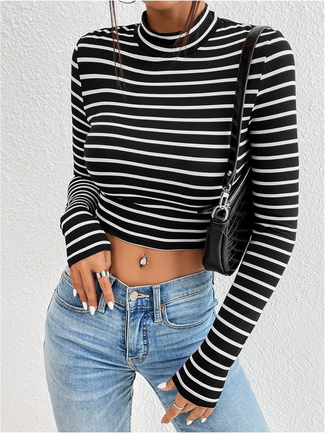 SOLY HUX Women's Striped Tee Crop Tops Mock Neck Long Sleeve T Shirt Slim Fit Tee - Image 4