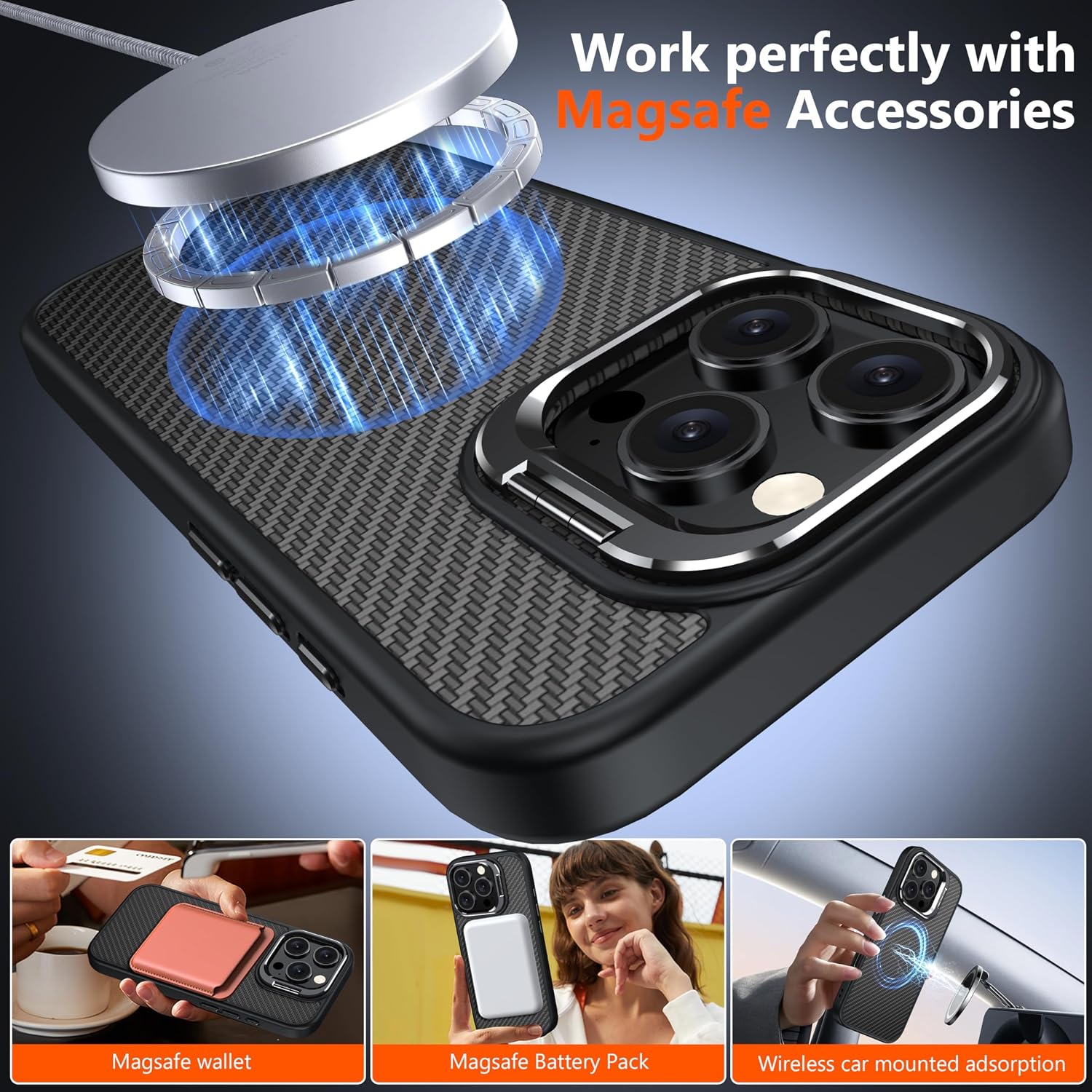 Magnetic for iPhone 16 Pro Case Carbon Fiber Skin Sensation【Compatible With magsafe】【Metal Lens Kickstand】Dropproof Sturdy Carbon Fiber Pattern【Wireless Charging】 Case for iPhone 16 Pro thumbnail