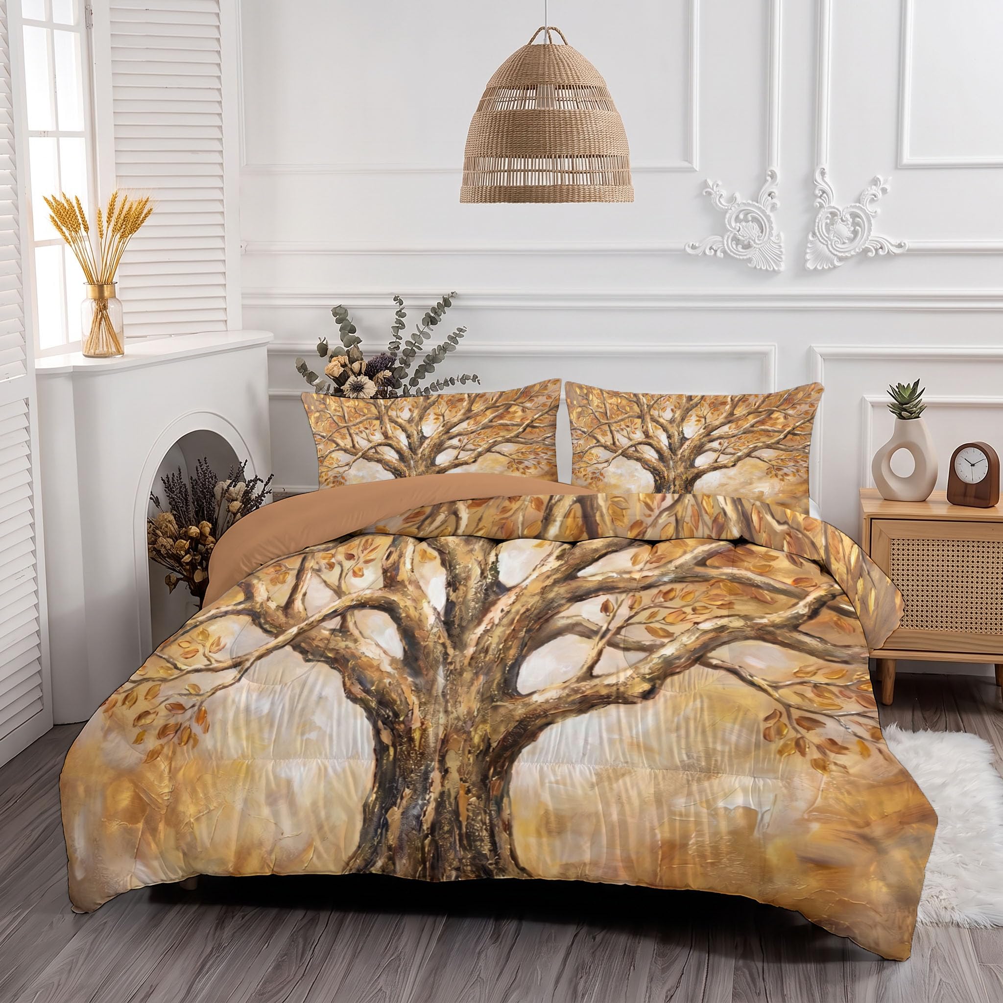 Copriletto Trapuntato Per Bambini Con Albero Autunnale Del Ringraziamento | Trapunta Matrimoniale Invernale, Oro, Piumone Caldo Morbido Dipinti Botanici Ad Olio D'Epoca Per Decorazione Camera Da Letto