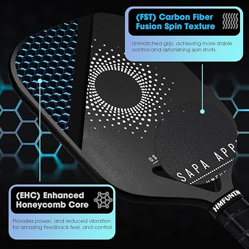 Miniatura 4 de HMFUNTM Power Air - Paletas de pickleball con moldeado 360 Proto, superficie completa de fibra de carbono, núcleo de polipropileno de 0.5 pulgadas,