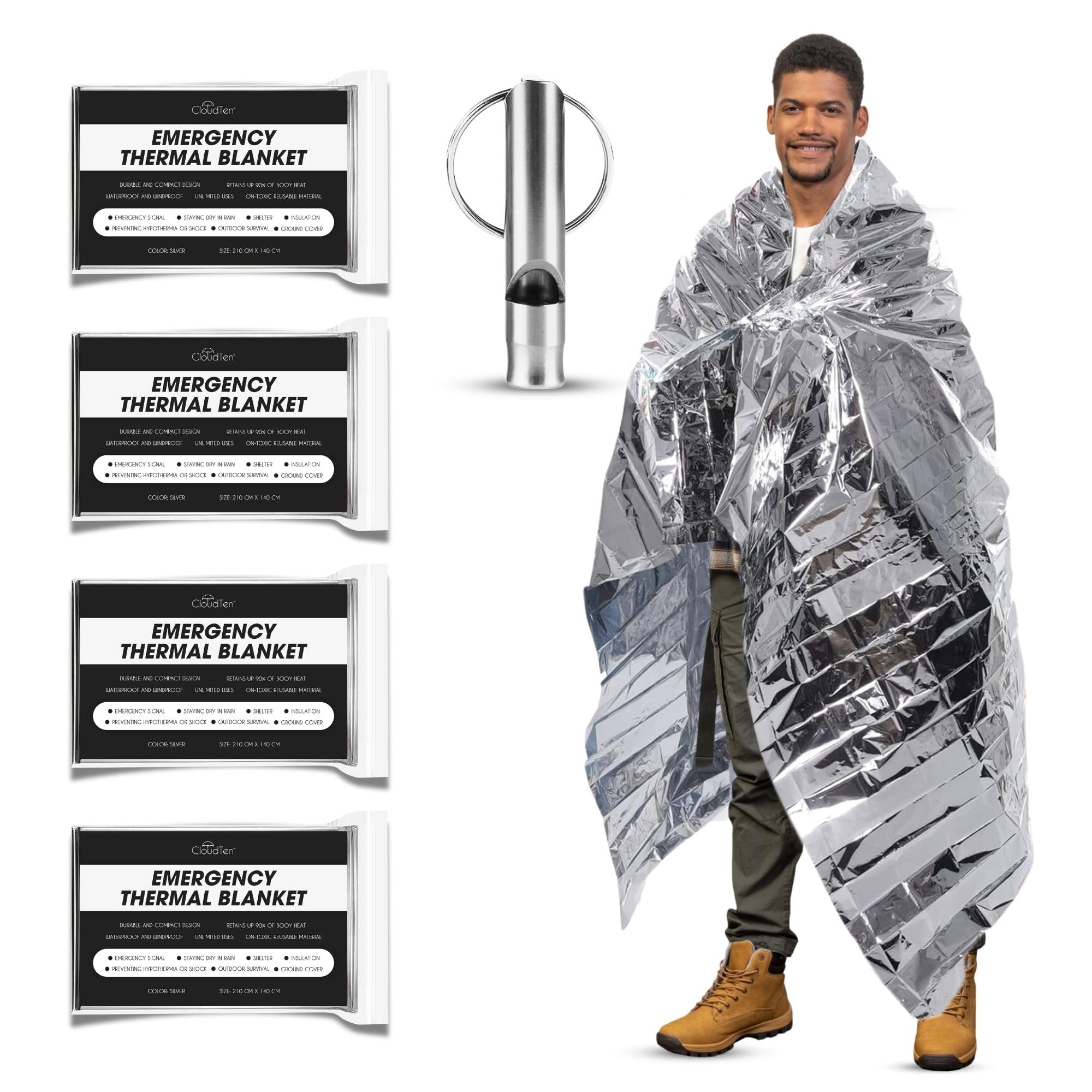 CloudTen Premium Quality Emergency Blanket Bundle | 4 Tear Resistant Blankets Plus Emergency Whistle | Reusable Emergency Mylar Blankets for Survival Gear and Supplies or Camping Essentials