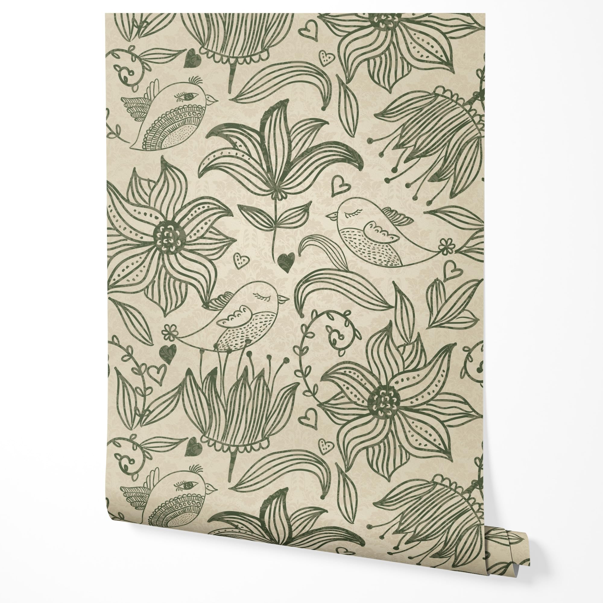 Tapeta samoprzylepna folia meblowa kwiaty ptaki wzór kwiatowy vintage | Tapeta z kwiatowym motywem ptaków w stylu vintage nowoczesny design motyw natury beżowo-zielony skandynawski do salonu