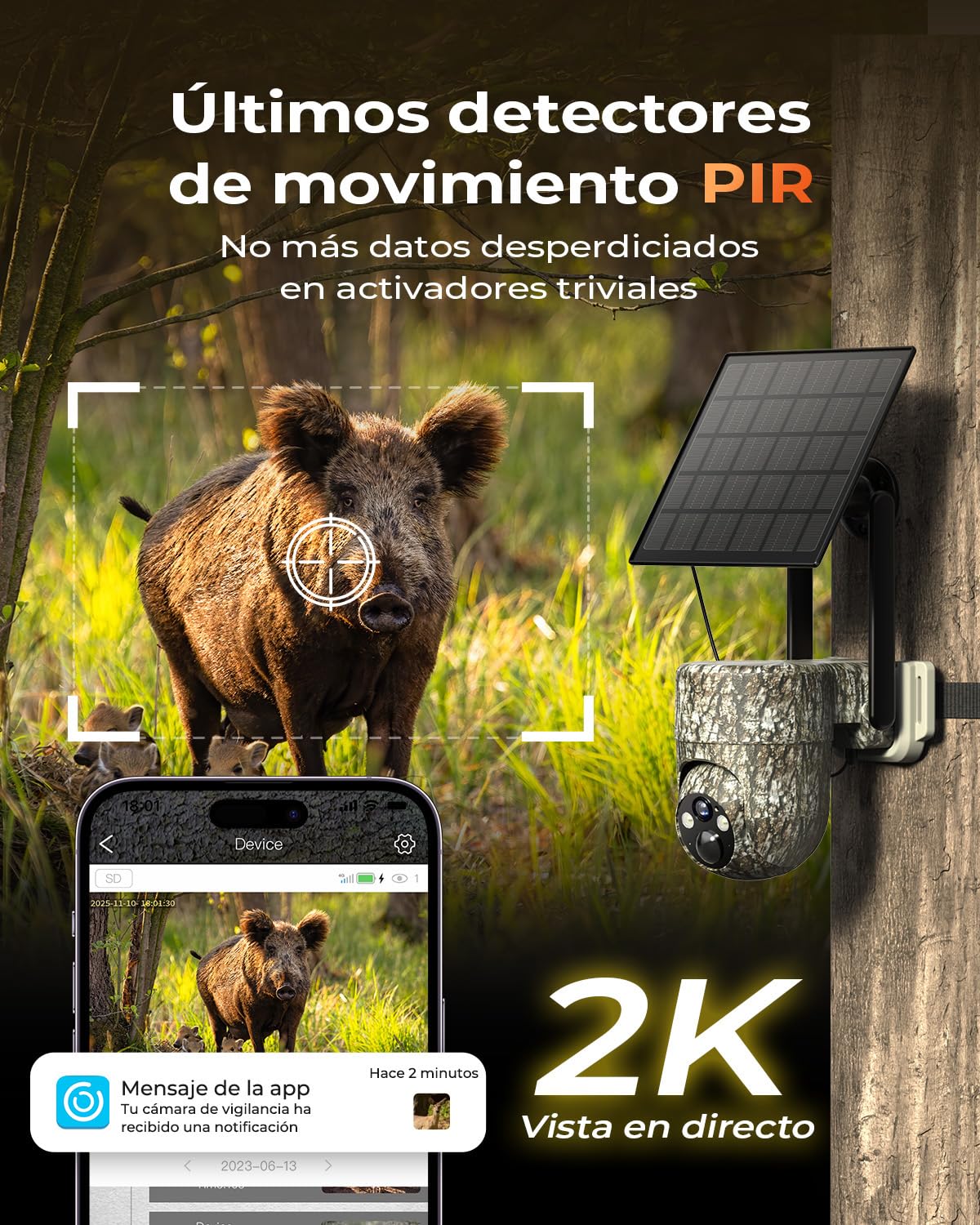 4G LTE Camara Vigilancia Exterior Solar con Tarjeta SIM (2 Unidad), 2K Camara Fototrampeo SIM sin WiF con Detección Humana PIR, Visión Nocturna, IP66 Impermeable, PTZ 360°, Audio de Dos Vías