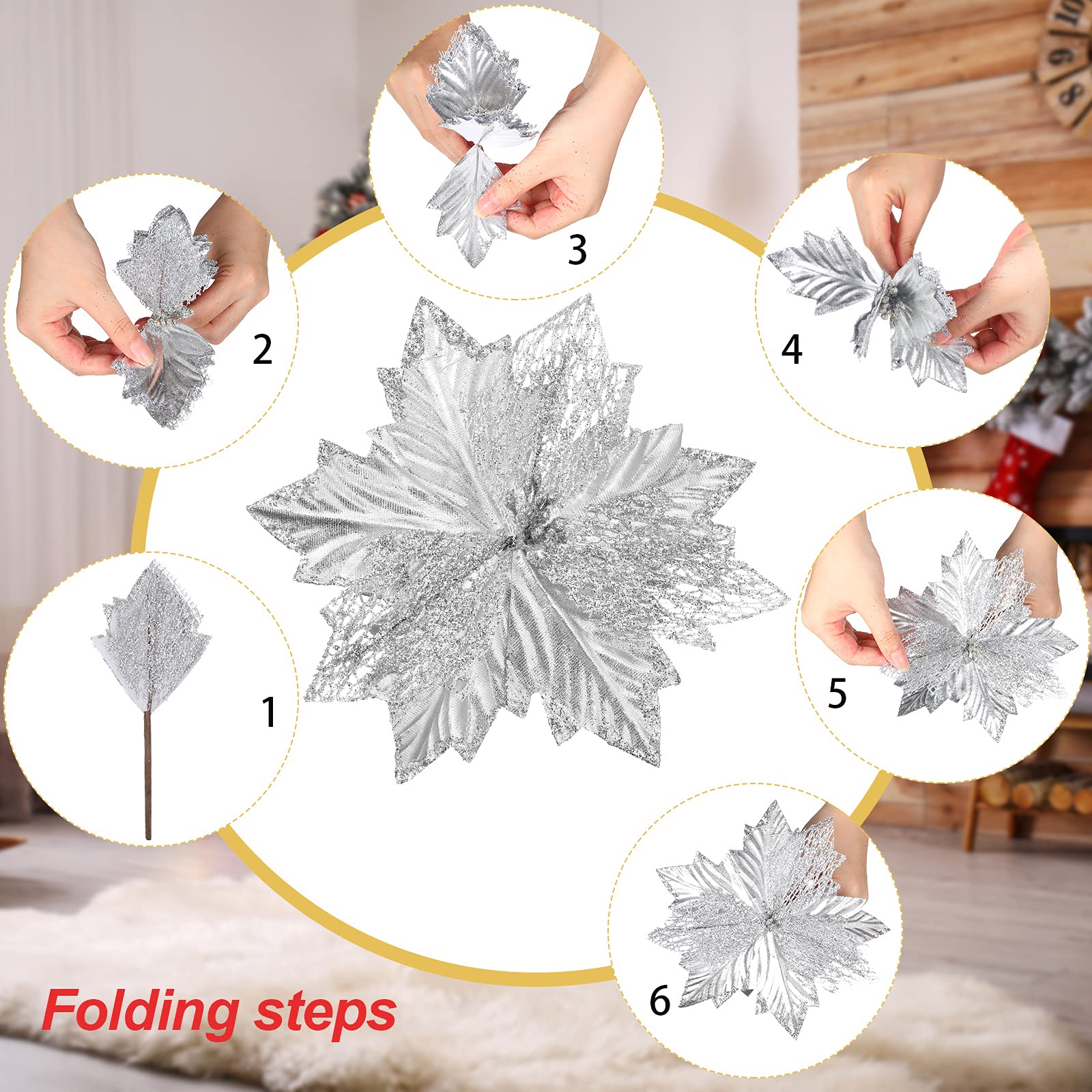Grand Toppers de N UD 12 X 33 Pouces Noeud de Noël Suspendu Décoratif Ornements d'arbre de Noël Fleurs de Noël Artificielles avec Ruban pour Arbre de Noël (Argent)