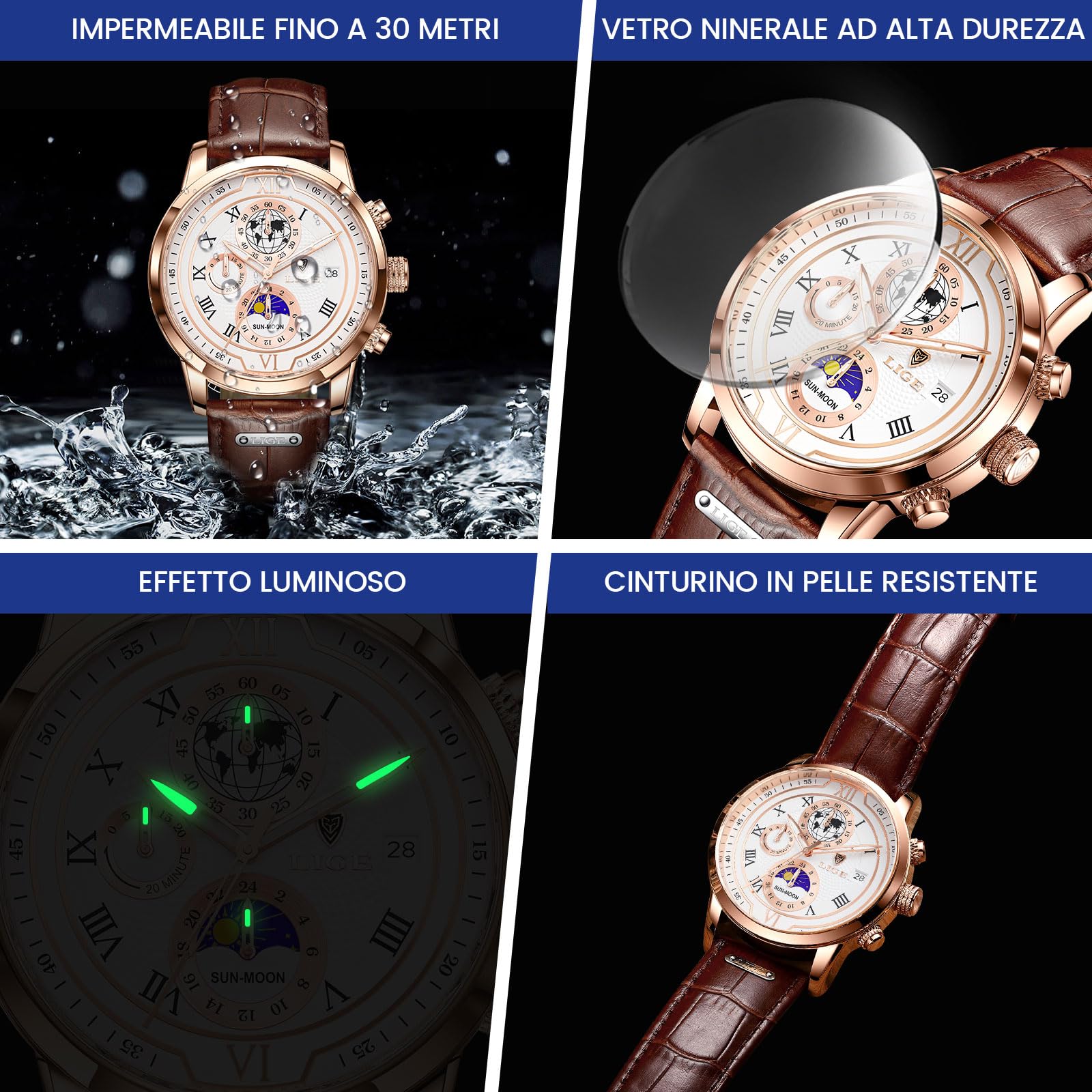 LIGE Orologio Da Uomo Cronografo Al Quarzo Con Data Fasi Lunari Design Nero Cinturino In Pelle Orologio Impermeabile Quotidiano