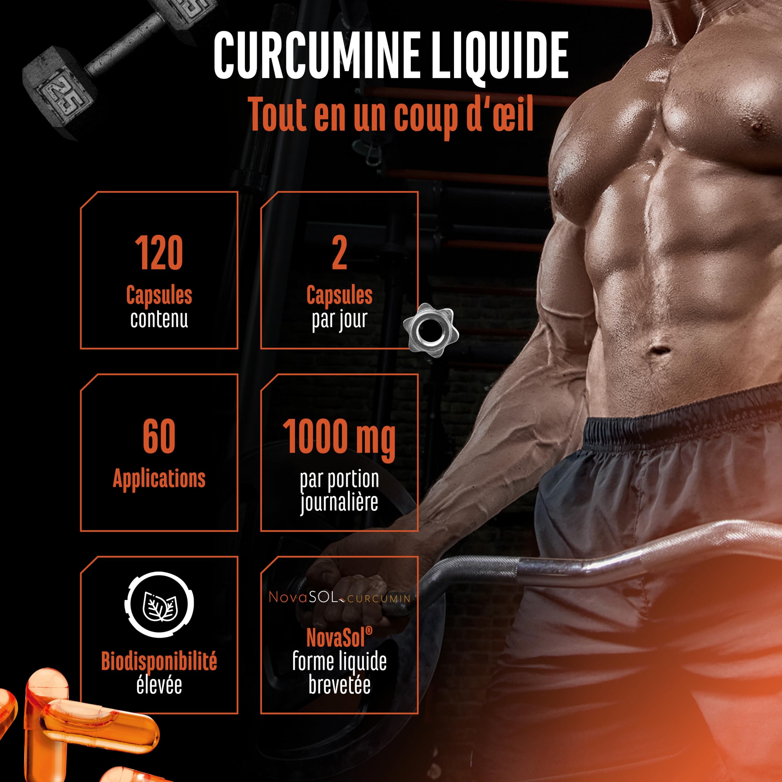 Curcuma NovaSol® - 120 capsules Liquides - 1000mg de Curcumine par Dose Journalière - Avec la Technologie Brevetée NovaSOL® - Biodisponibilité 185 Fois Supérieure grâce à la Forme Liquide - Végétalien