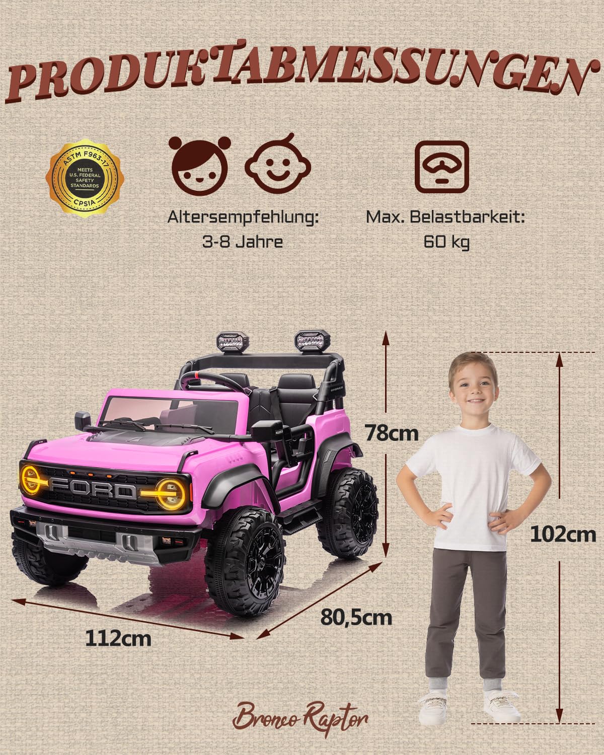 First Ride On Lizenzierter Ford Bronco Raptor, 24V Elektroauto für Kinder, 2-Sitzer Aufsitzauto mit Fernbedienung, LED-Licht, Musik, High/Low Speed (Rosa)