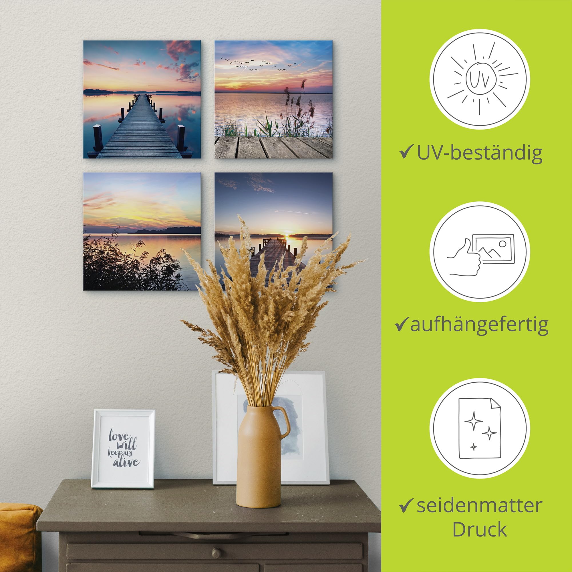 ARTLAND Wanddeko Strandbilder Leinwand Bilder Set 4 tlg. je 40x40 cm Quadratisch Wandbilder Landschaft Gewässer See Pier Abend Schilf Sonne K2JK