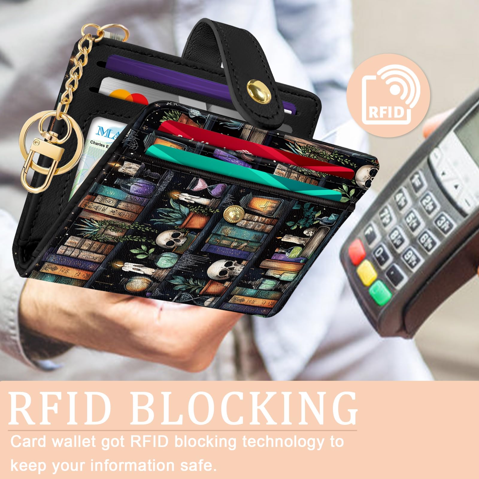 Jogjam Rfid Ladies Wallet, Small Slim Thin Compact Credit Card Women Wallet, PU Leather Bifold Cash Zipper Coin Pocket ID Window for Female: Bookshelf and Skull