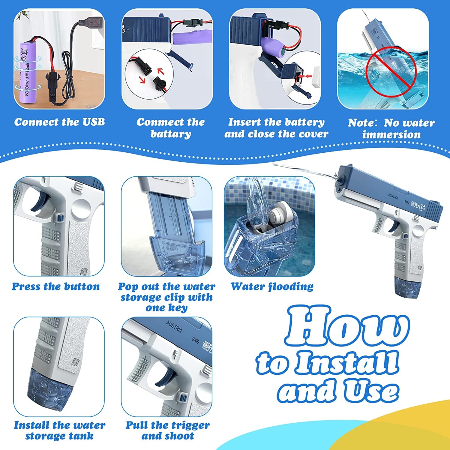 Pistolet à Eau Électrique Rechargeable - Portée Jusqu'à 32 Pieds (10m), Réservoir 180CC, Pour Batailles D'Eau Enfants Et Famille
