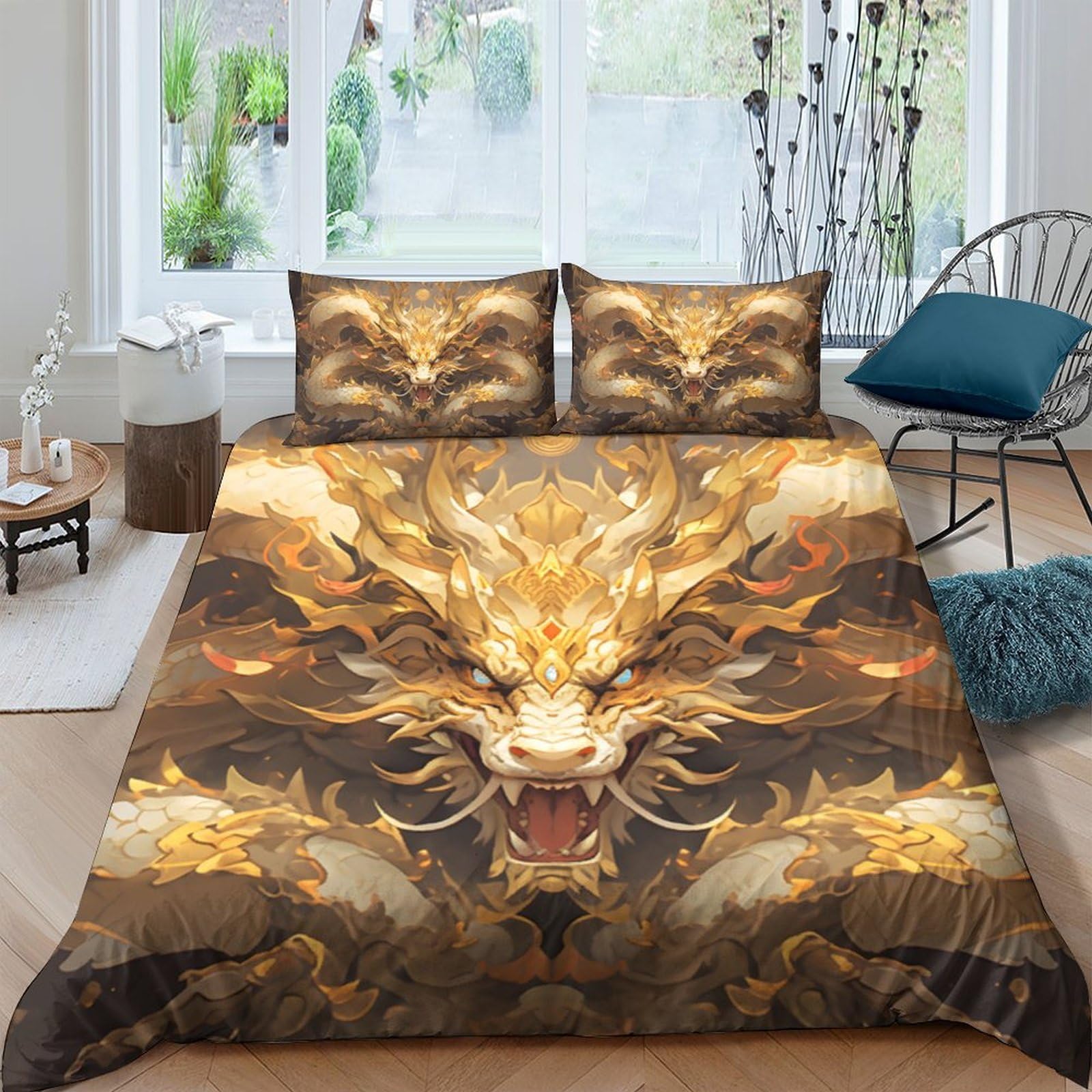 Ctjqhvkz Style-9 3D Printed Golden Dragon Fitted Sheet Microfiber Artistic Oriental Bed Cover For Bedroom Dorm Mattress Protection Decor Single（135X200cm）