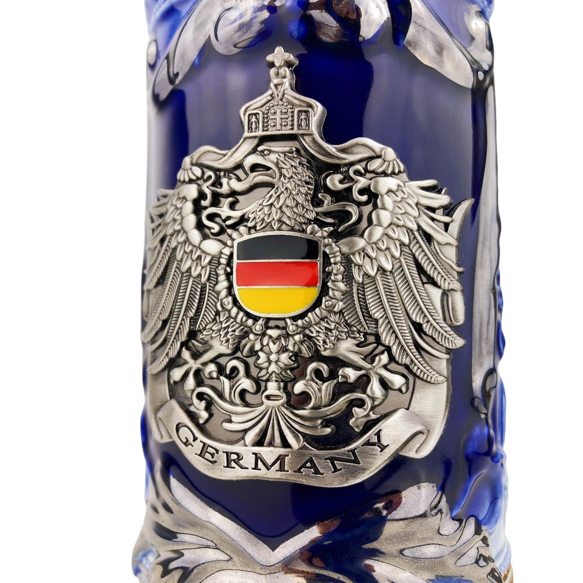 Bierkrug mit Deckel 0,7L – Klassischer Steinkrug mit Spitzdeckel & Metallmontur – Deutschland Motiv – Geschenkidee für Männer, Vater & Bierliebhaber (Blau)