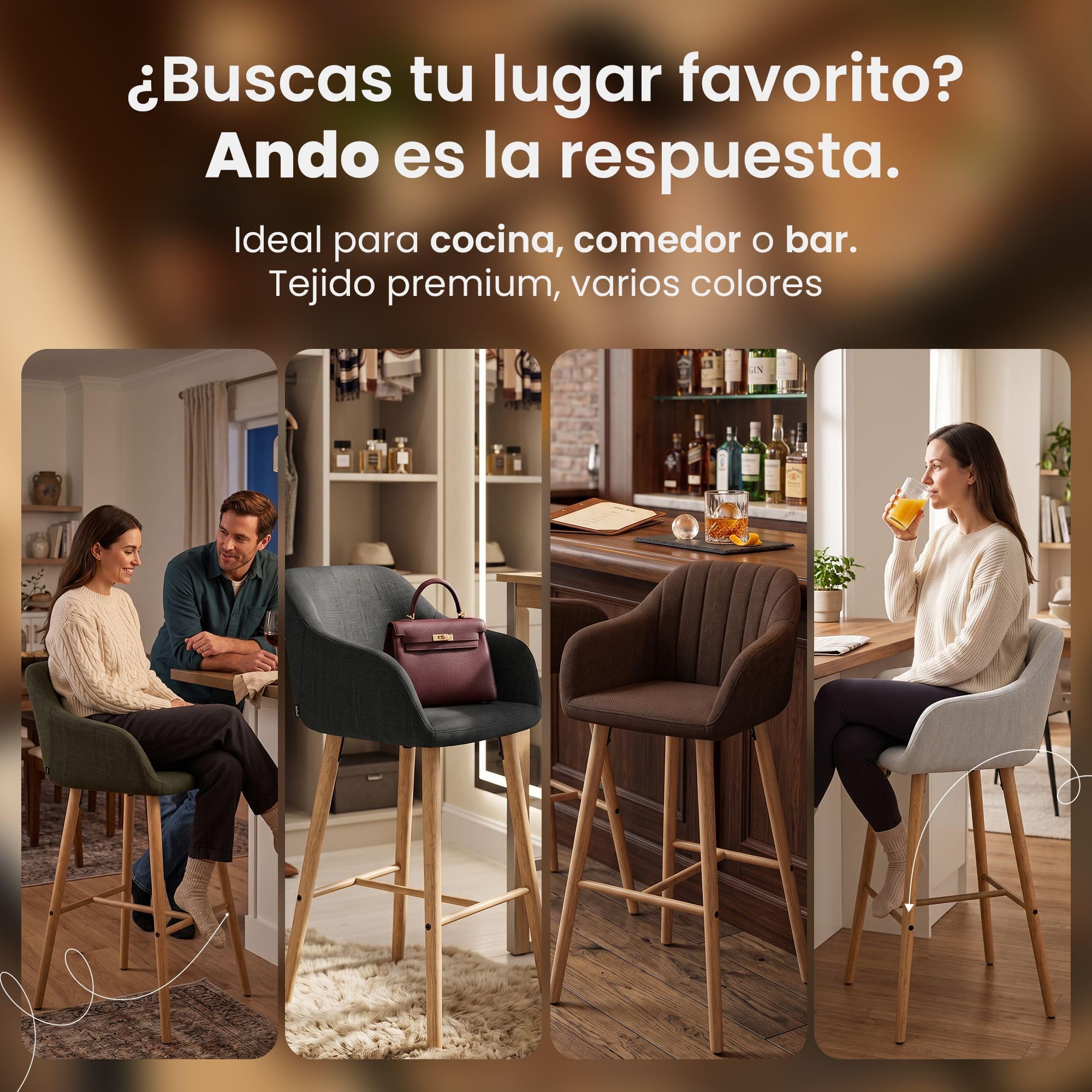 CLP Taburete de Bar Ando con Respaldo, Asiento tapizado, Estructura de Madera Resistente, soporta hasta 150 kg Color:Beige