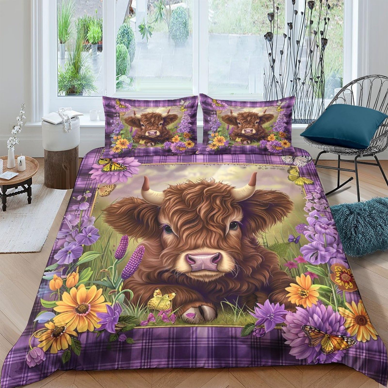 GPLZQXKJNH 3D Printed Highland Cow Floral Duvet Cover Microfiber Purple Plaid Sunflower Bedding Set with 2 Pillowcases for Bedroom Home Single（135x200cm）