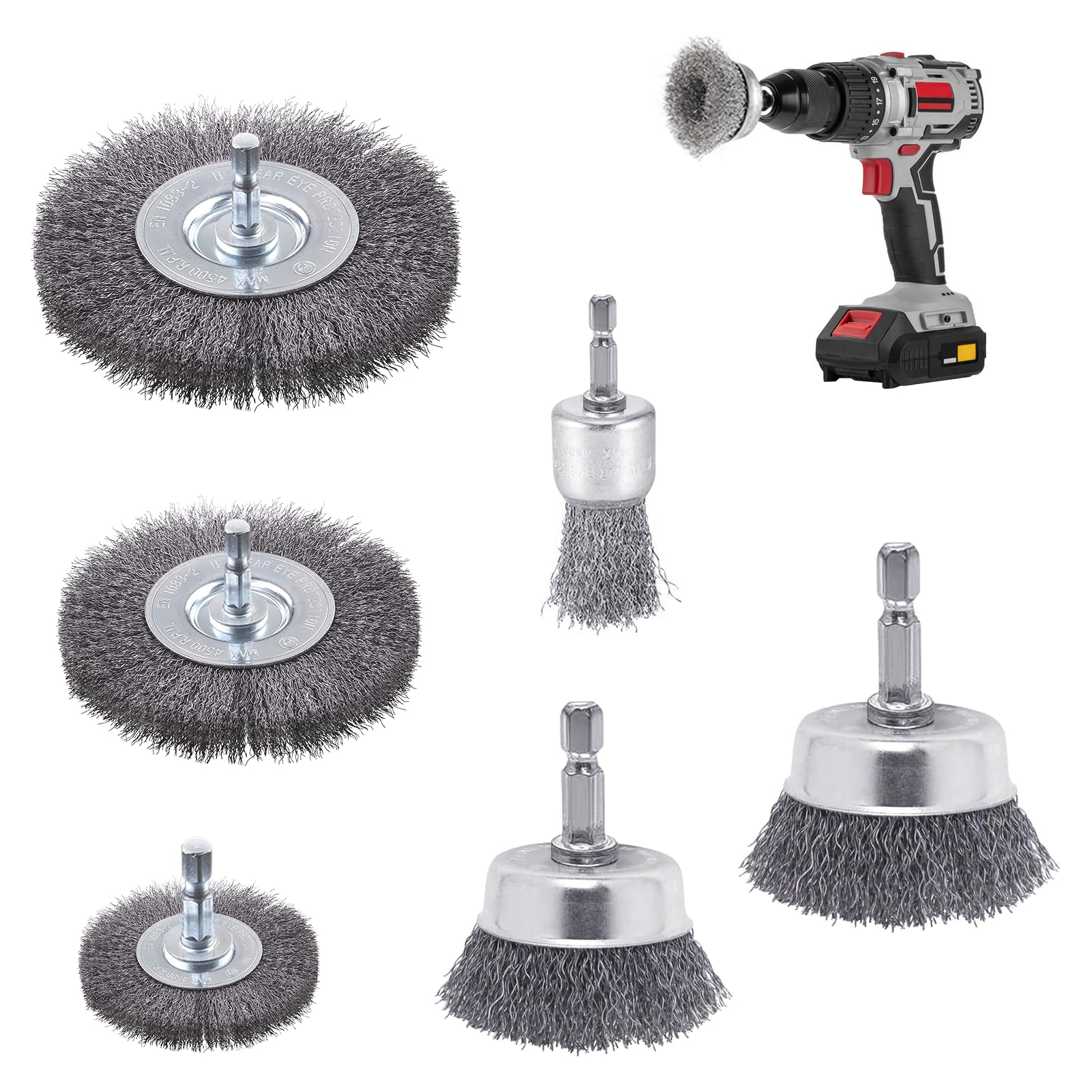 6 Stück Drahtbürste Bohrmaschine, 6mm Stahlbürste Akkuschrauber mit Sechskantstange Drahtbürsten Set, Drahtbürste Akkuschrauber, für Schleifen, Polieren, Entrosten, Reinigen und Vibrationsdämpfen