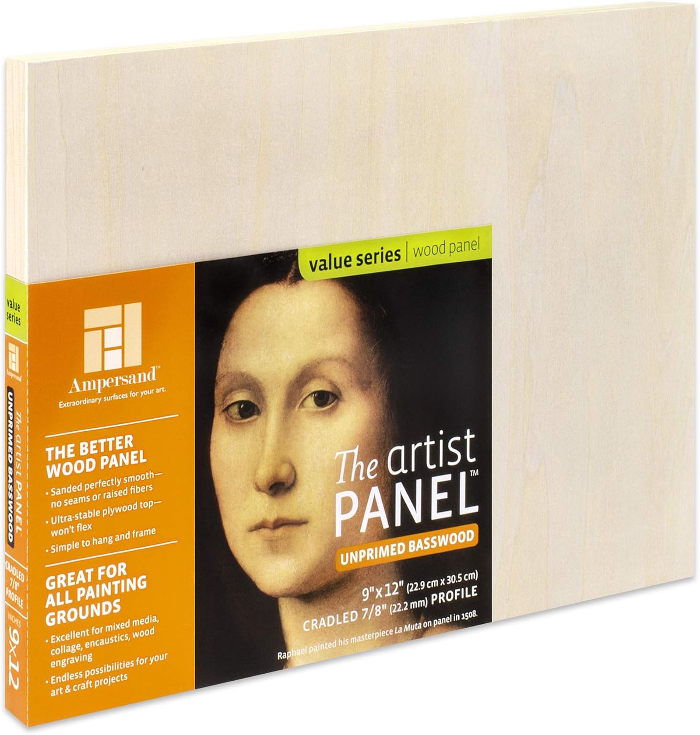 Ampersand Art Supply Unprimed Basswood Artist Panel, 1-1/2" Cradled Profile, 12"x24"