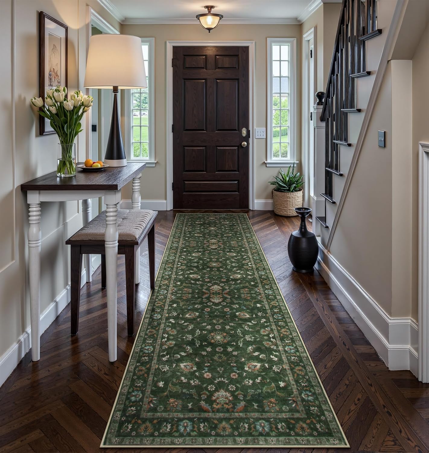 Green,2'6x8' Wonnitar Green Runners for Hallways 2.5x8 Boho Runner Rug, Low Pile Non Slip Washable Kitchen Runner Rug, Vintage Floral Stain Resistant Christmas Runner Rugs Carpet Runner for Bedroom,(Green,2'6x8')