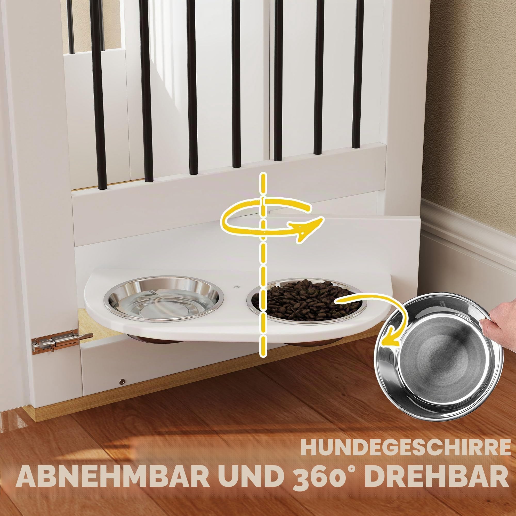 Pawhut Hundekäfig, Beistelltisch, moderne Hundehütte, Tierhäuschen mit herausnehmbaren und um 360° drehbaren Futternäpfen, 2 Türen, für mittelgroße Hunde, weiß