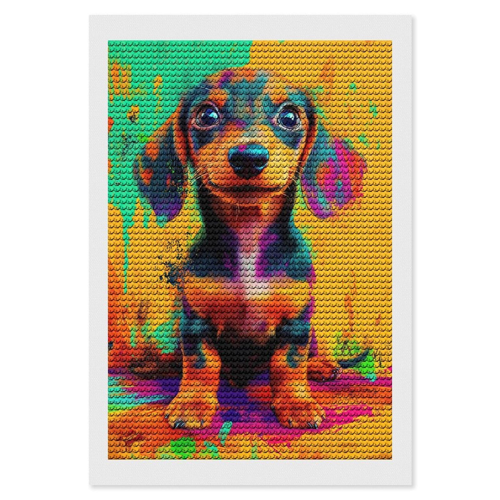 Junmoney Colorful Dachshund Puppy Diamond Art Kit 8"x12", Neat Printed Canvas, Finish and Display, Relaxing DIY Hobby, Living Room Decor
