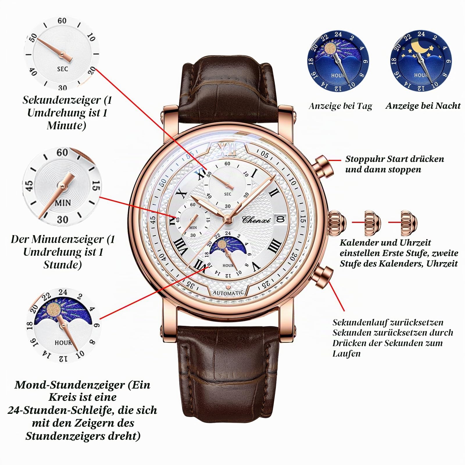 JewelryWe Herrenuhr Echtleder Chronograph Uhr 30m Wasserdicht Analog Quarz Armbanduhr Herren Lederarmband Multifunktionale Uhr mit Sternenhimmel Zifferblatt, Kalender, Leuchtzeiger, Stoppuhr