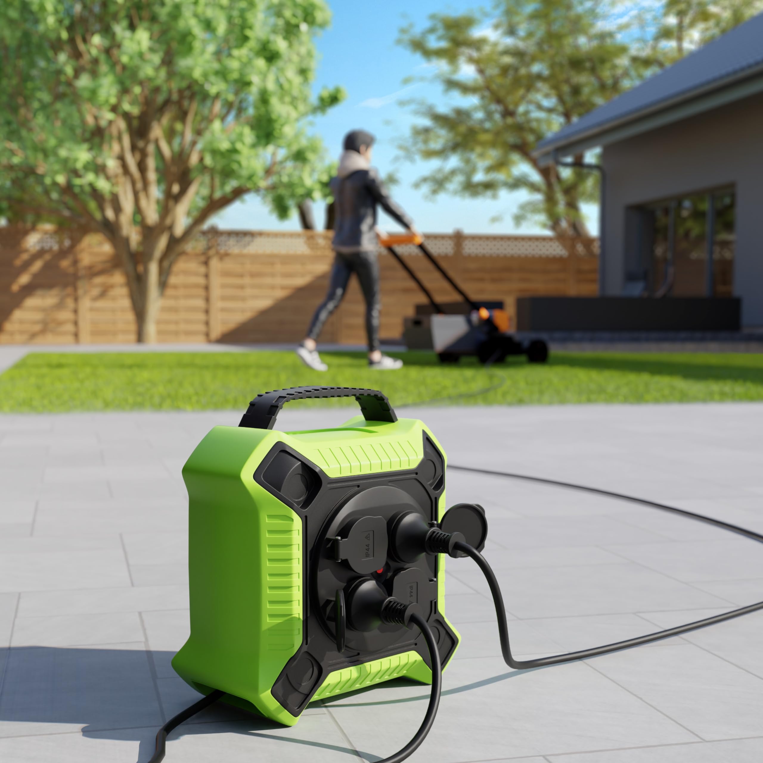 MutecPower Alargadera 10 metros IP44 enrollacables 10m enrollador de cable para exteriores con 4 tomas schuko de corriente protegidas, alargador H05RR-F 3G1,5 Negro/Verde