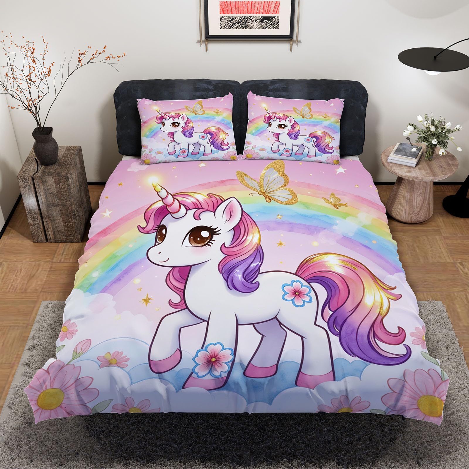 Housse de couette licorne 140x200 cm pour lit enfant parure douce zippée facile à laver en machine